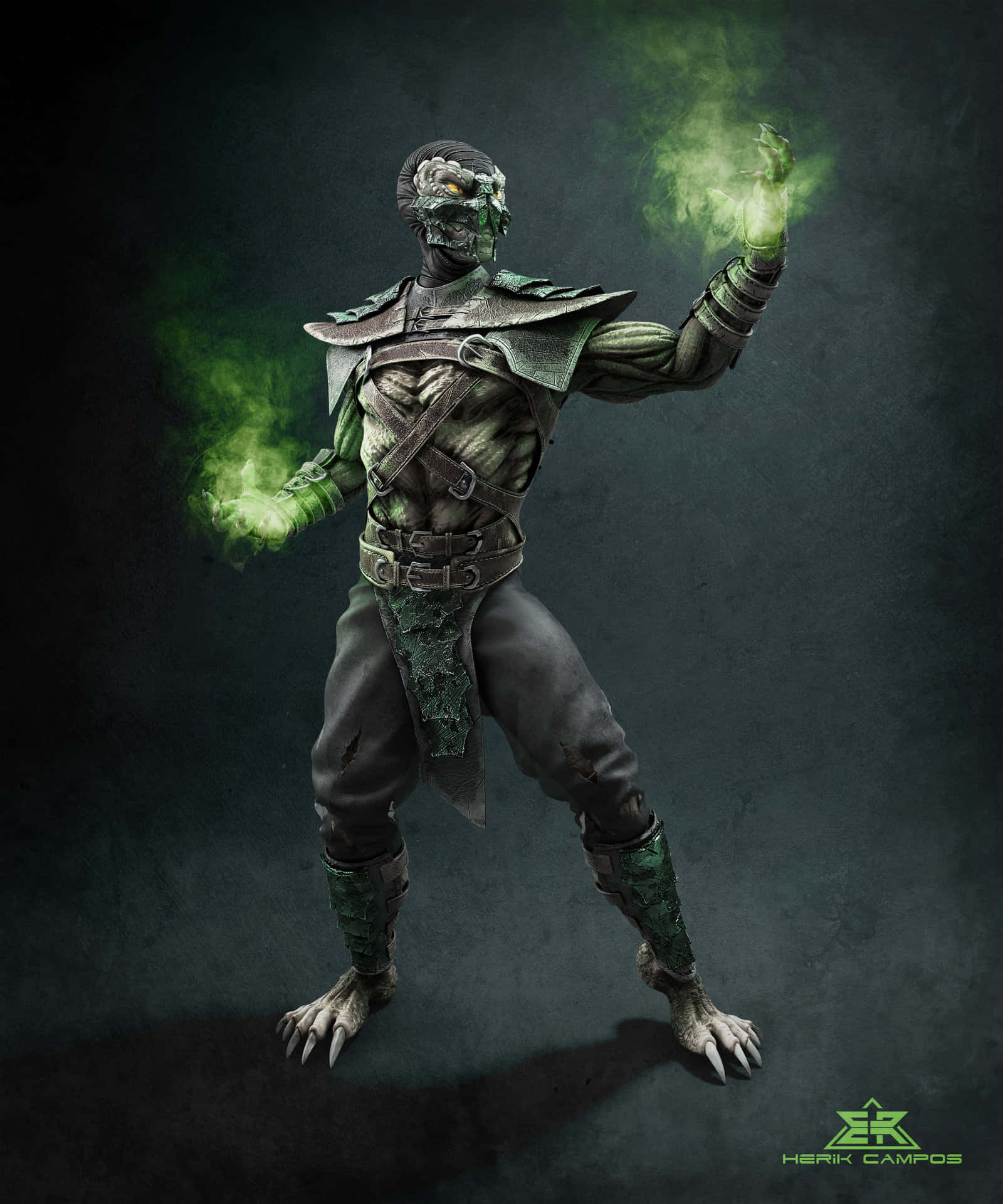 Mortal Kombat Reptile 桌布 壁紙 — 一個帶有爪子和手中發出綠色光芒的綠色皮膚戰士，站在黑暗的攝影棚環境中。