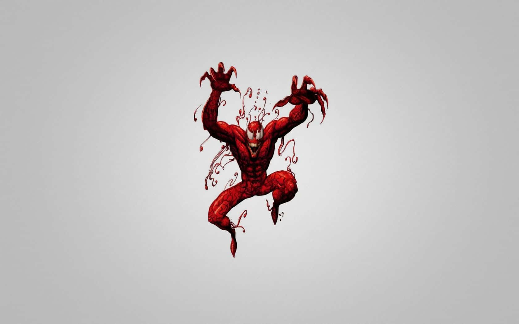 Carnage USA 桌布 壁紙 — 一個帶有爪手和觸手的威脅性紅色共生生物在純灰色背景上爆發。
