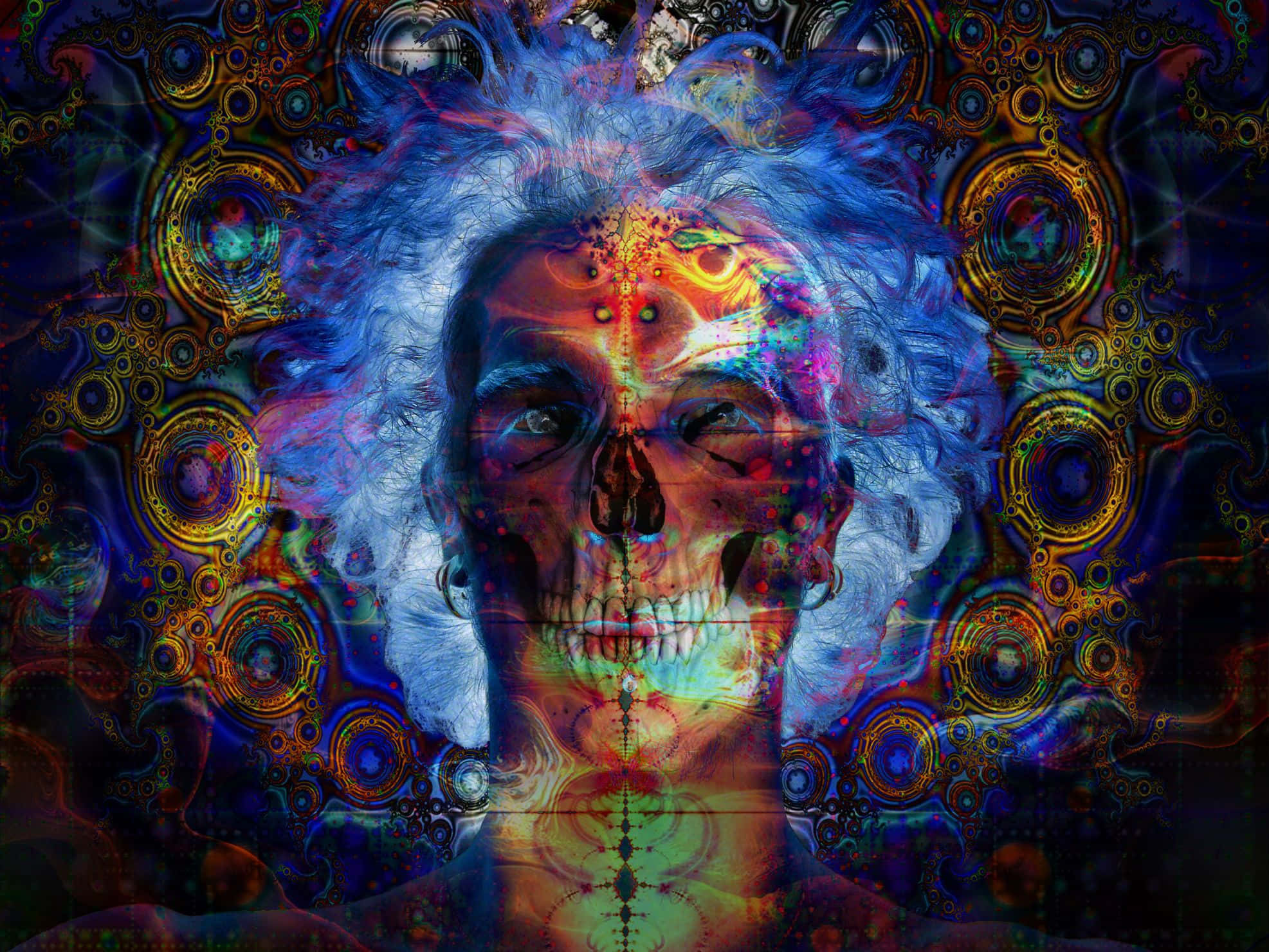 innovation 桌布 壁紙 — 一個帶有狂野藍色頭髮的頭骨的迷幻數位肖像，周圍環繞著發光的碎形圖案和宇宙圓圈。