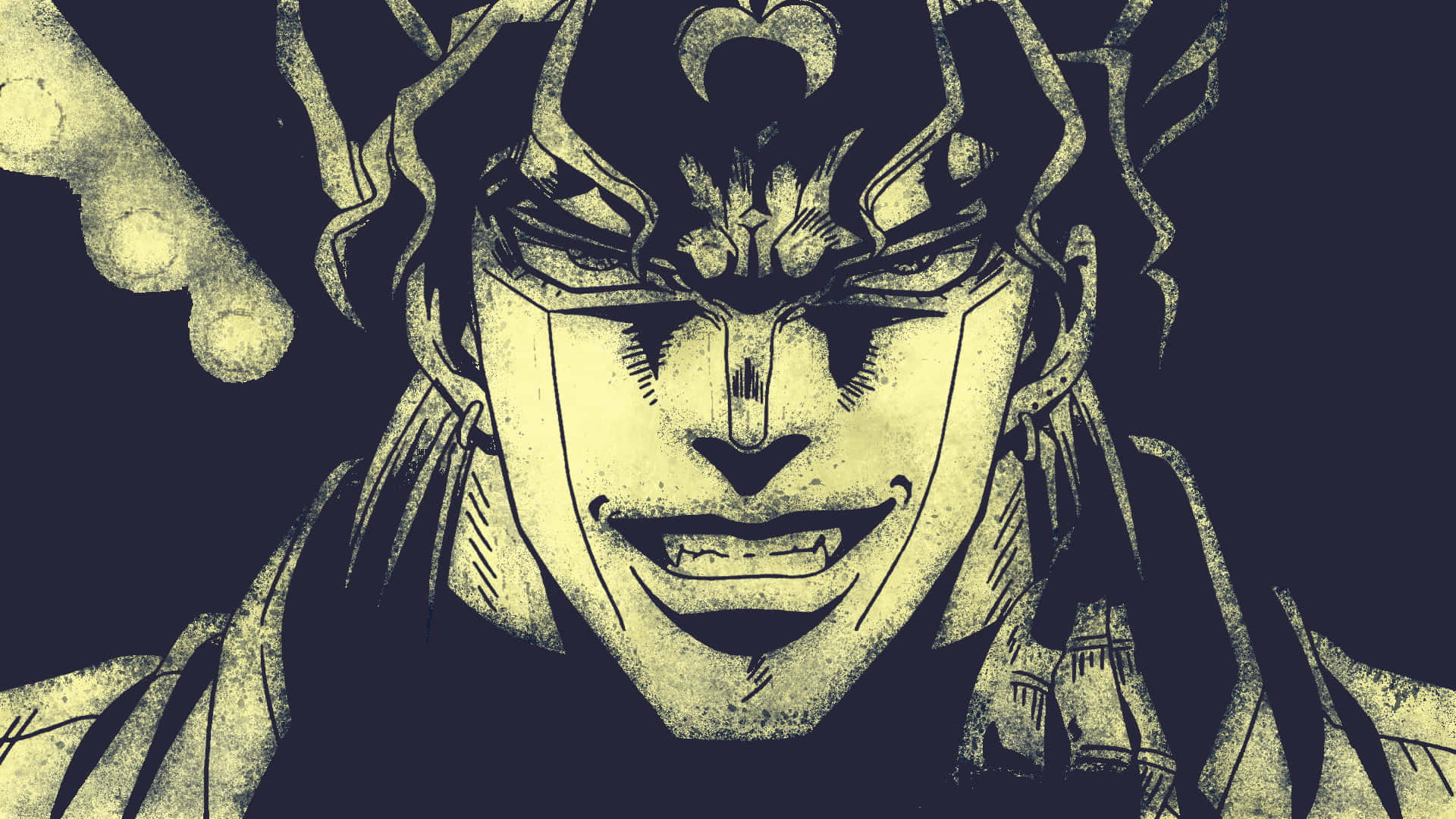 Dio Brando 桌布 壁紙 — 一個帶有狂野頭髮和尖銳牙齒的威脅性動漫角色在黑暗背景中咧嘴笑。