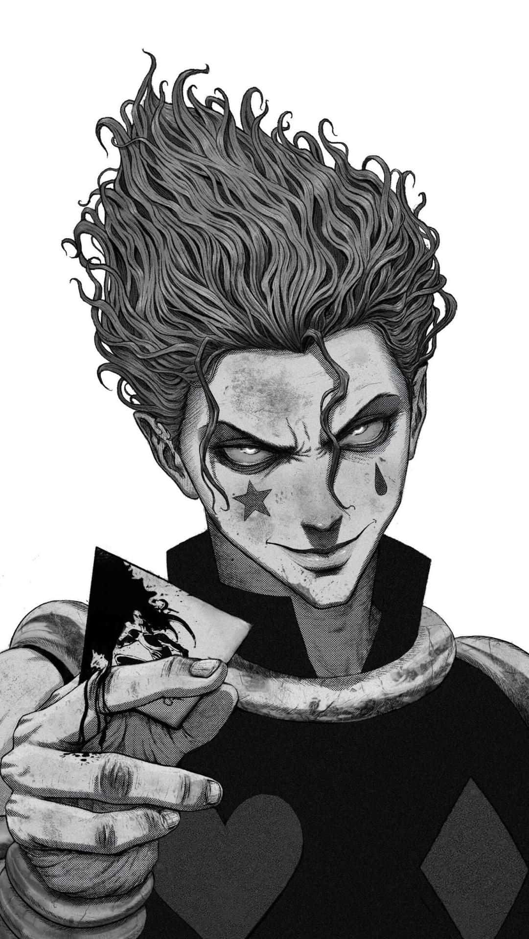 hisoka 桌布 壁紙 — 一個帶有狂野頭髮和星星紋身的威脅性動漫角色，在鮮明的黑白插圖中拿著一張血淋淋的撲克牌。