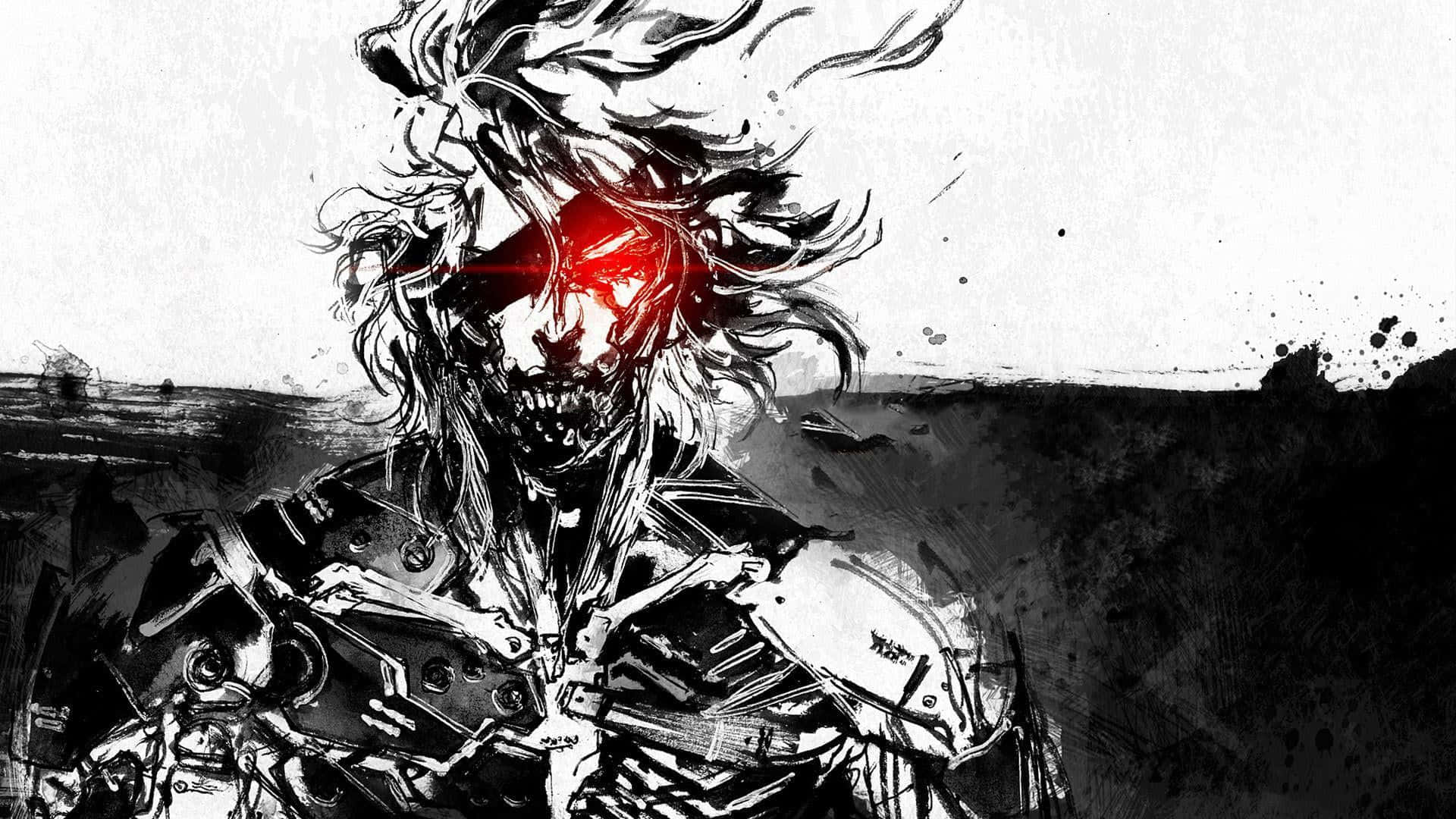 Manga Series 桌布 壁紙 — 一個帶有狂野頭髮和發光紅眼的威脅性動漫戰士，站在單調的黑白風景中。