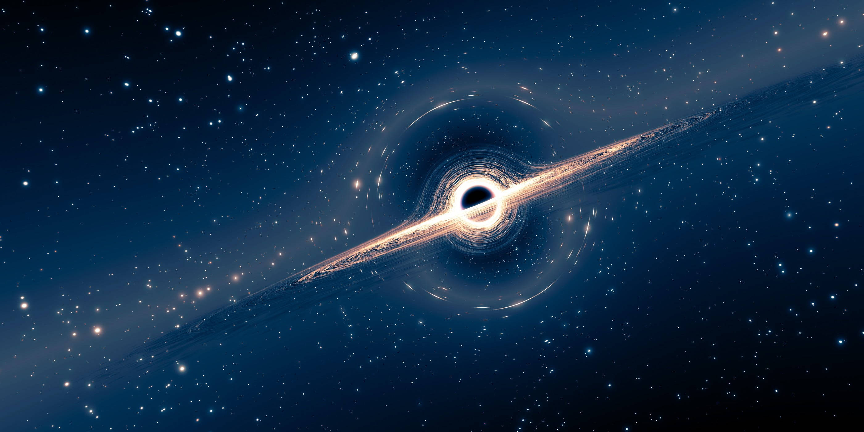 銀河 桌布 壁紙 — 一個帶有發光吸積盤的宇宙黑洞主導著深藍色太空下的星場。