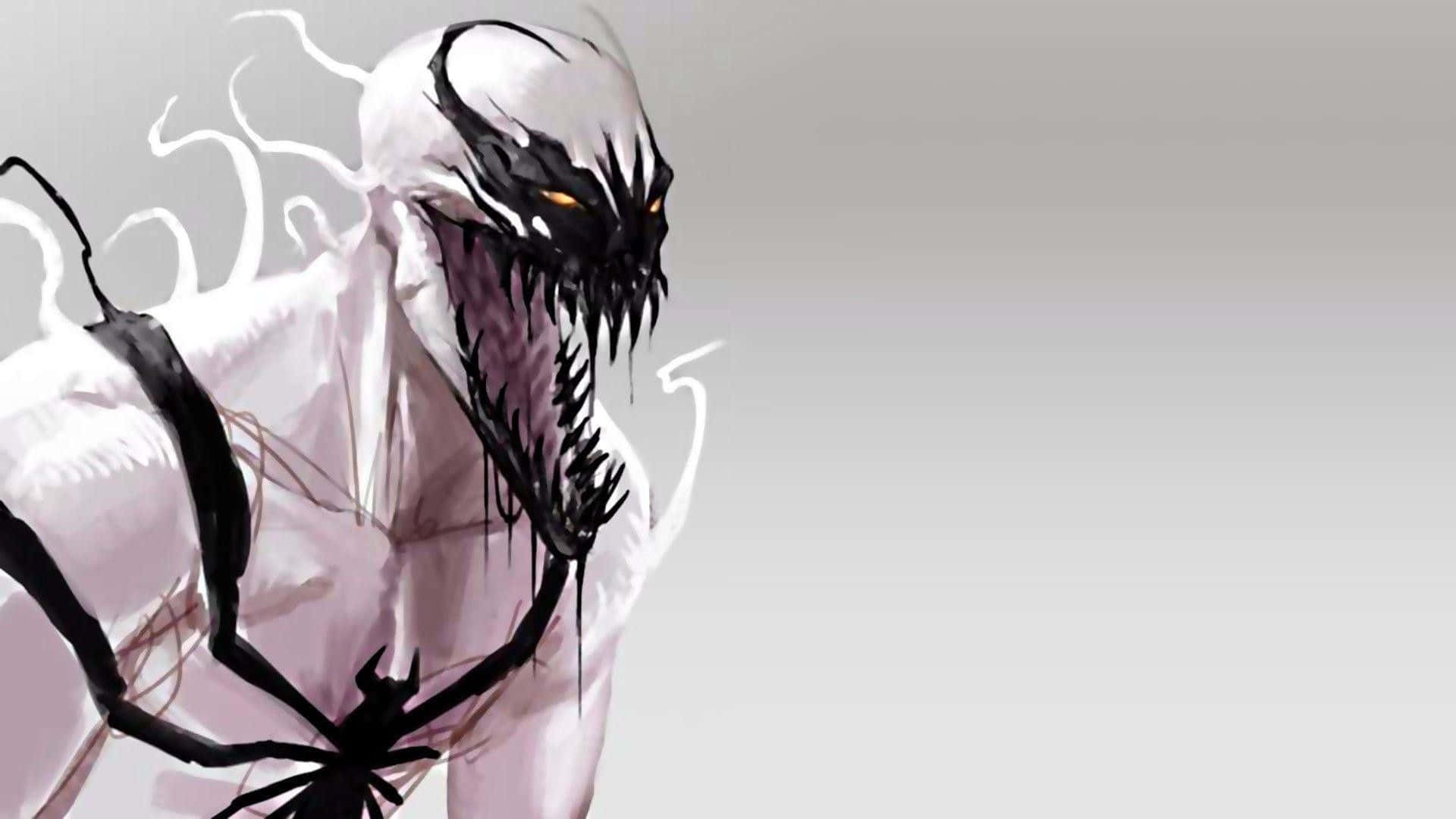 Scary Venom 桌布 壁紙 — 一個帶有發光橙色眼睛和尖銳牙齒的威脅性黑白共生生物，在純灰色背景上隱約出現。