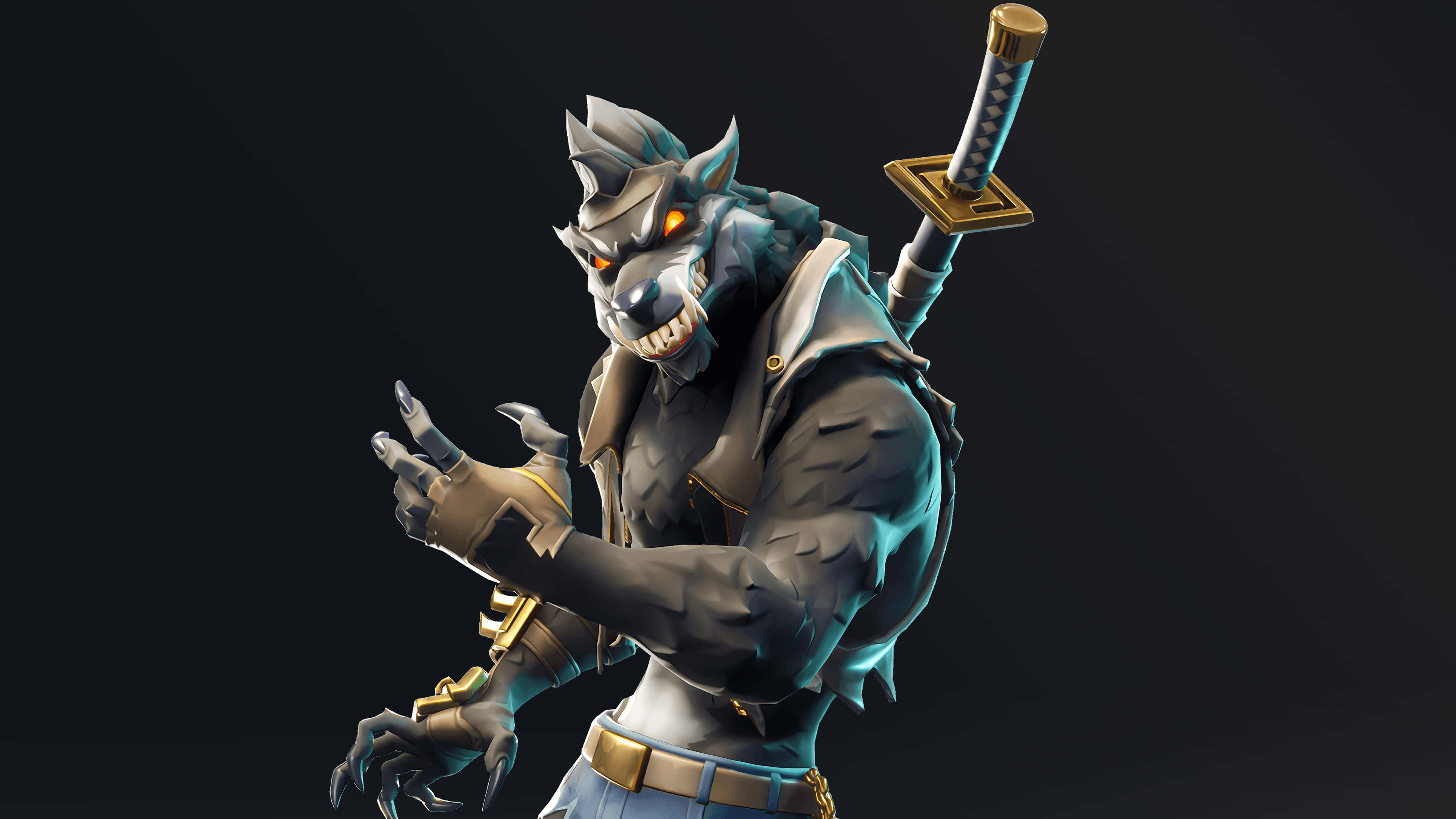 Fortnite Skins Battle Royale 桌布 壁紙 — 一個帶有發光橙色眼睛和背上背著武士刀的威脅性狼戰士站在黑暗的攝影棚中。