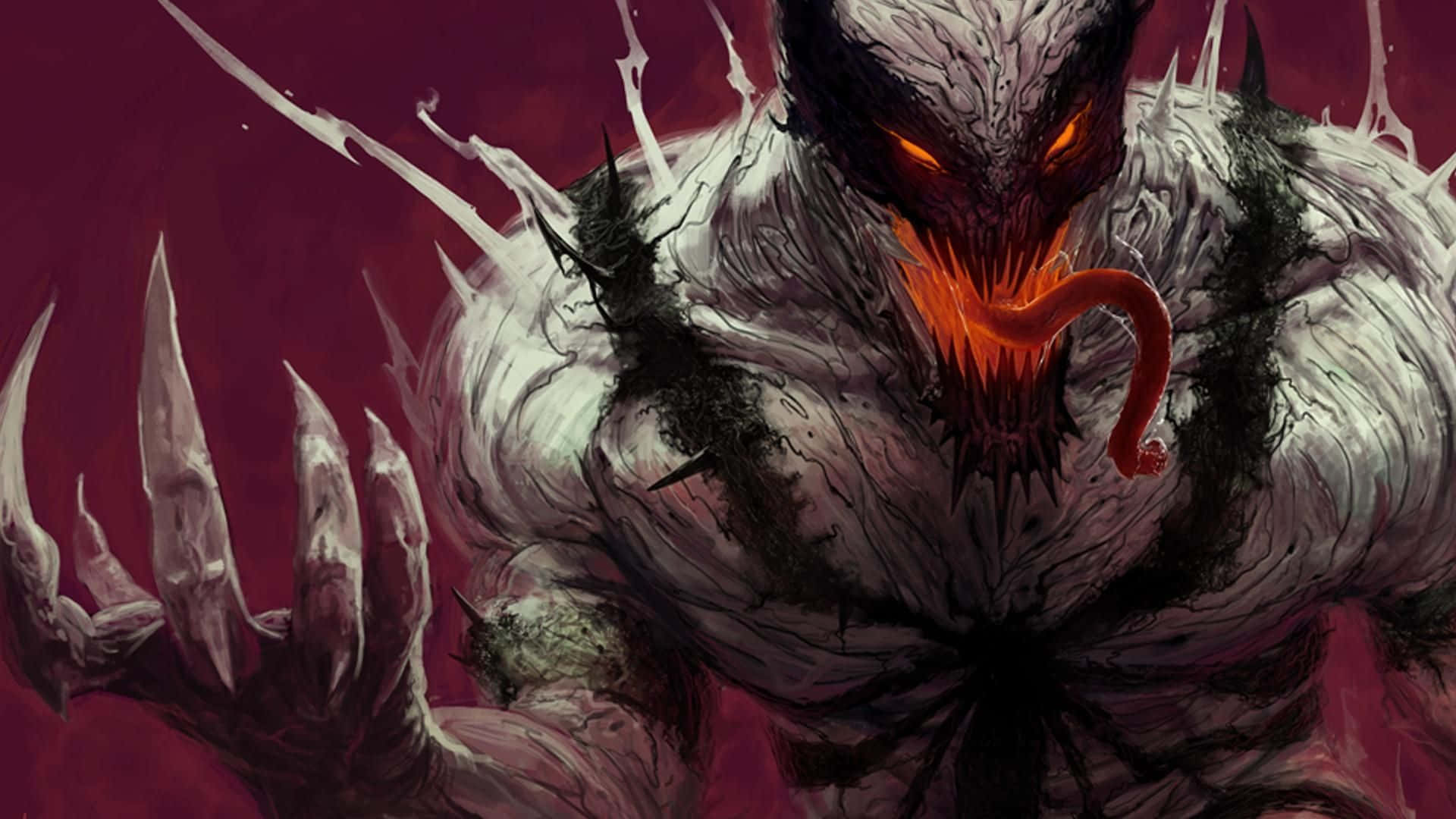Scary Venom 桌布 壁紙 — 一個帶有發光橙色眼睛和鋒利爪子的威脅性毒液生物，在深紅色背景上若隱若現。
