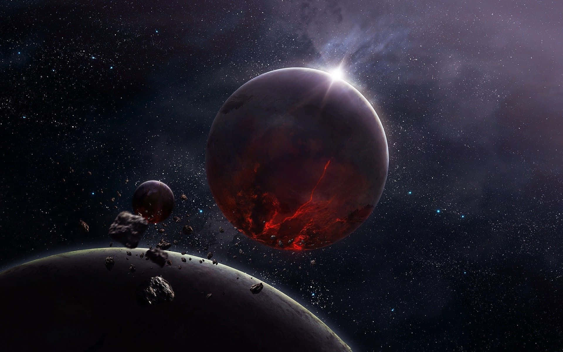 月亮與星星動畫 桌布 壁紙 — 一個帶有發光熔岩裂縫的火紅行星，主宰著一個有小行星和遙遠太陽的星空宇宙場景。