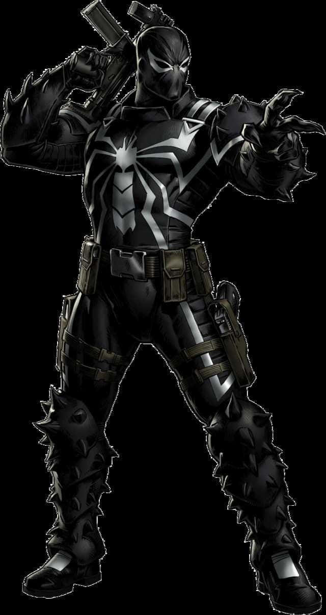 Flash Thompson 桌布 壁紙 — 一個帶有發光白色眼睛和尖刺四肢的威脅性黑色和銀色裝甲超級英雄，在黑暗背景下擺出戰鬥姿勢。