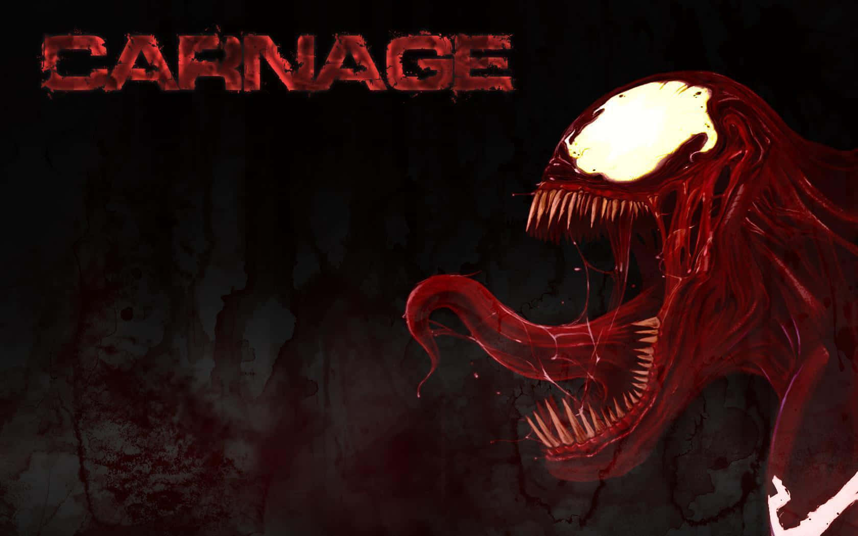 Maximum Carnage 桌布 壁紙 — 一個帶有發光白色眼睛和尖銳牙齒的威脅性紅色共生體生物，在黑暗血腥的背景中咆哮，並有滴血的紅色字母拼出CARNAGE一詞。