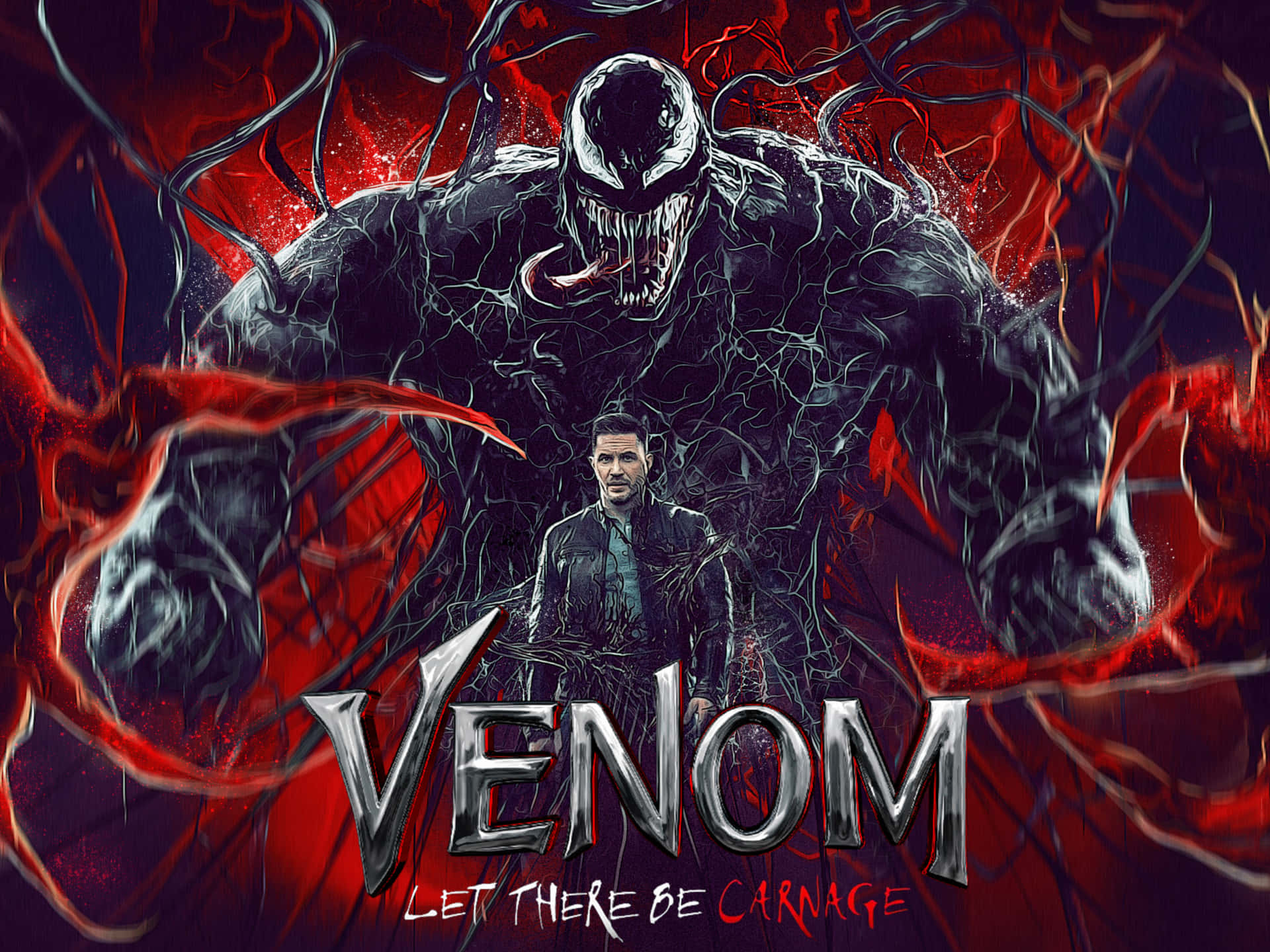 Tom Hardy Venom 桌布 壁紙 — 一個帶有發光白色眼睛和尖銳牙齒的威脅性黑色共生體生物，在火紅與黑色的背景前，俯視著一個穿著深色夾克的男人。