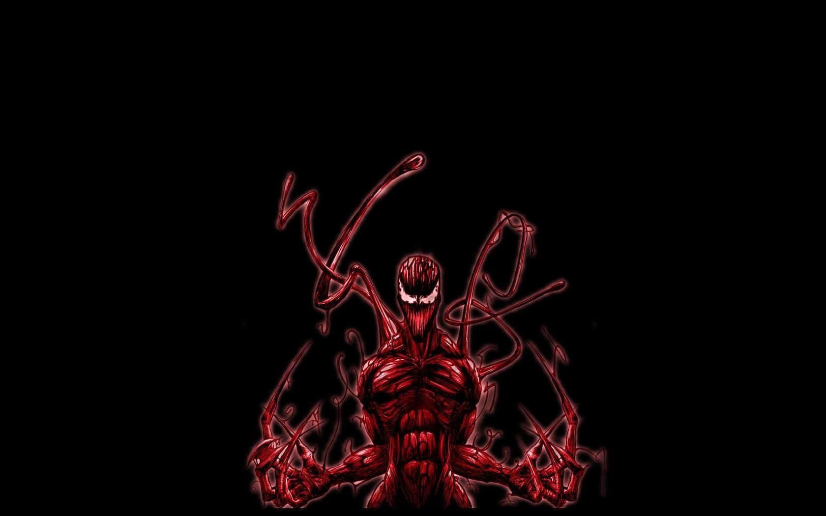 Carnage USA 桌布 壁紙 — 一個帶有發光白色眼睛和扭動觸手的威脅性紅色共生生物，在漆黑的背景中出現。