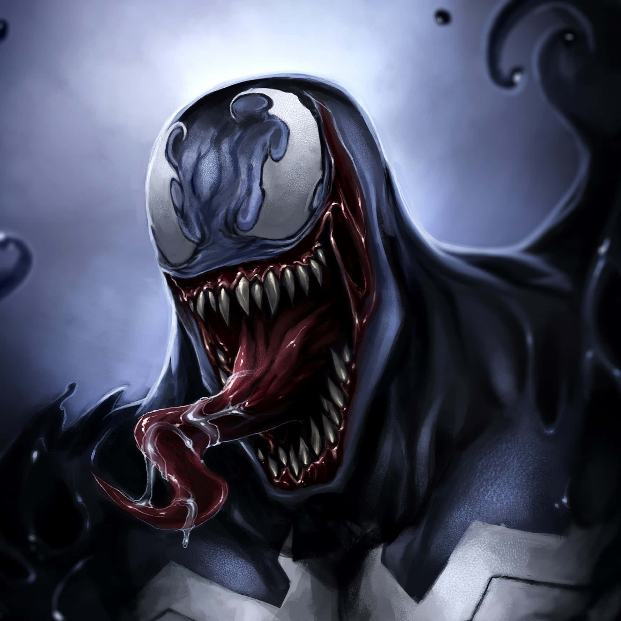 Symbiote 桌布 壁紙 — 一個帶有發光白色眼睛和鋒利牙齒的威脅性毒液，在黑暗煙霧背景中咆哮。