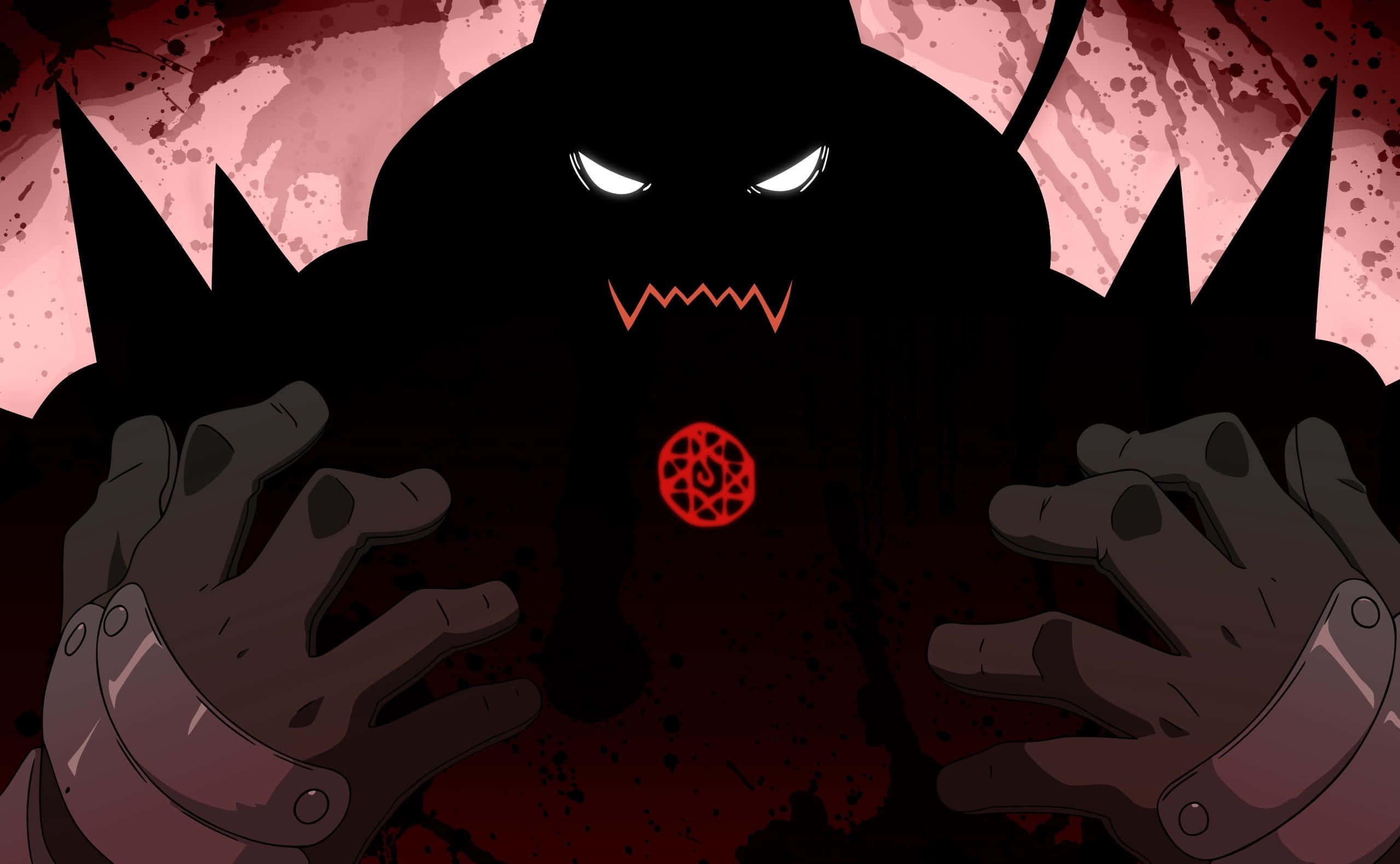Alphonse Elric 桌布 壁紙 — 一個帶有發光白色眼睛和鋸齒狀牙齒的威脅性黑色剪影，在血跡斑斑的紅色背景上若隱若現。