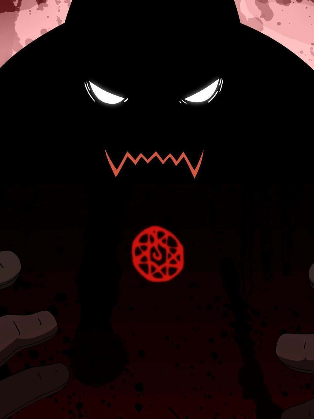 Alphonse Elric 桌布 壁紙 — 一個帶有發光白色眼睛和鋸齒狀紅色牙齒的威脅性黑色剪影，在濺滿血跡的粉紅色背景上，籠罩在破碎的骨頭上。