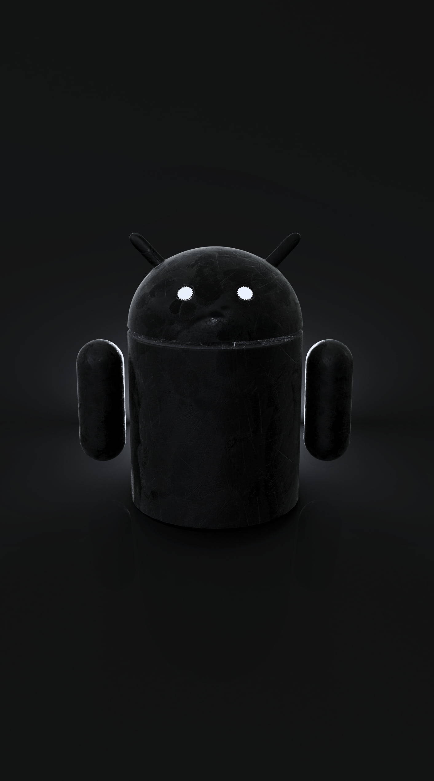 暗黑風格 桌布 壁紙 — 一個帶有發光白色眼睛的光澤黑色Android機械人，在深色背景中央站立。