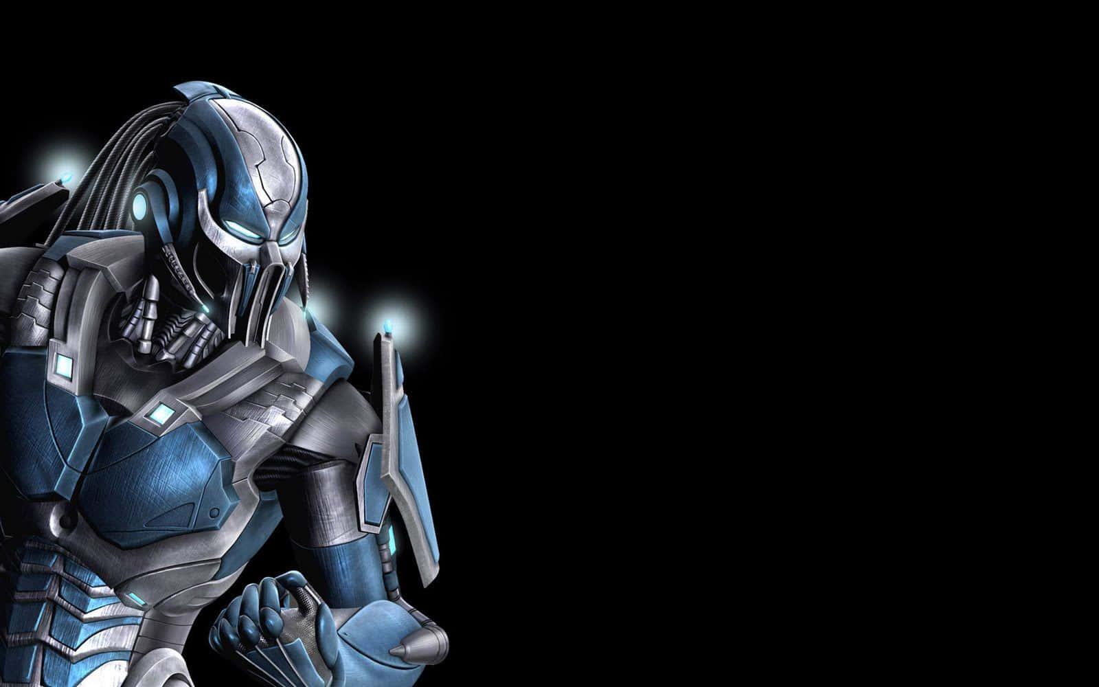 Mortal Kombat Cyrax 桌布 壁紙 — 一個帶有發光眼睛、威嚇性的藍銀色裝甲戰士，在黑色虛空中形成強烈對比。