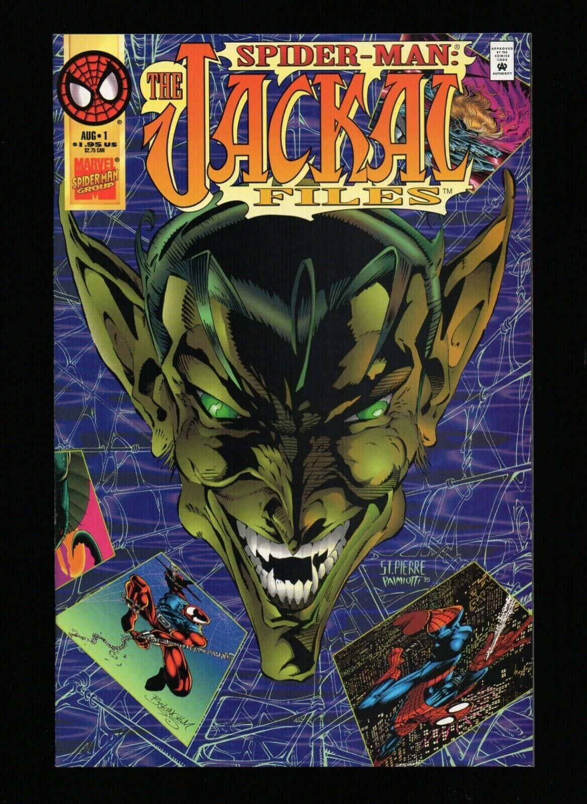 The Jackal 桌布 壁紙 — 一個帶有發光眼睛、皮膚綠色的威脅性Jackal，在動態動作場景中籠罩著蜘蛛俠的漫畫面板。