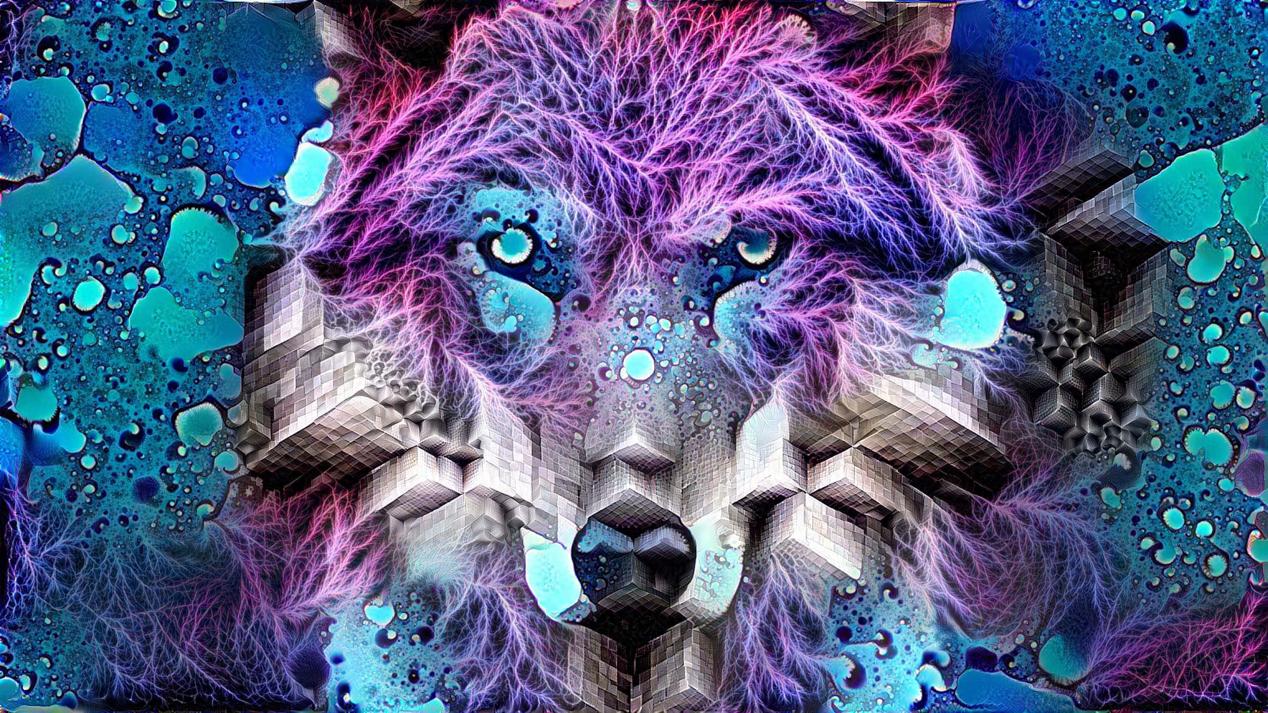 Psychedelic Animals 桌布 壁紙 — 一個帶有發光眼睛和分形紫色能量的機械狼頭，背景為藍色氣泡。