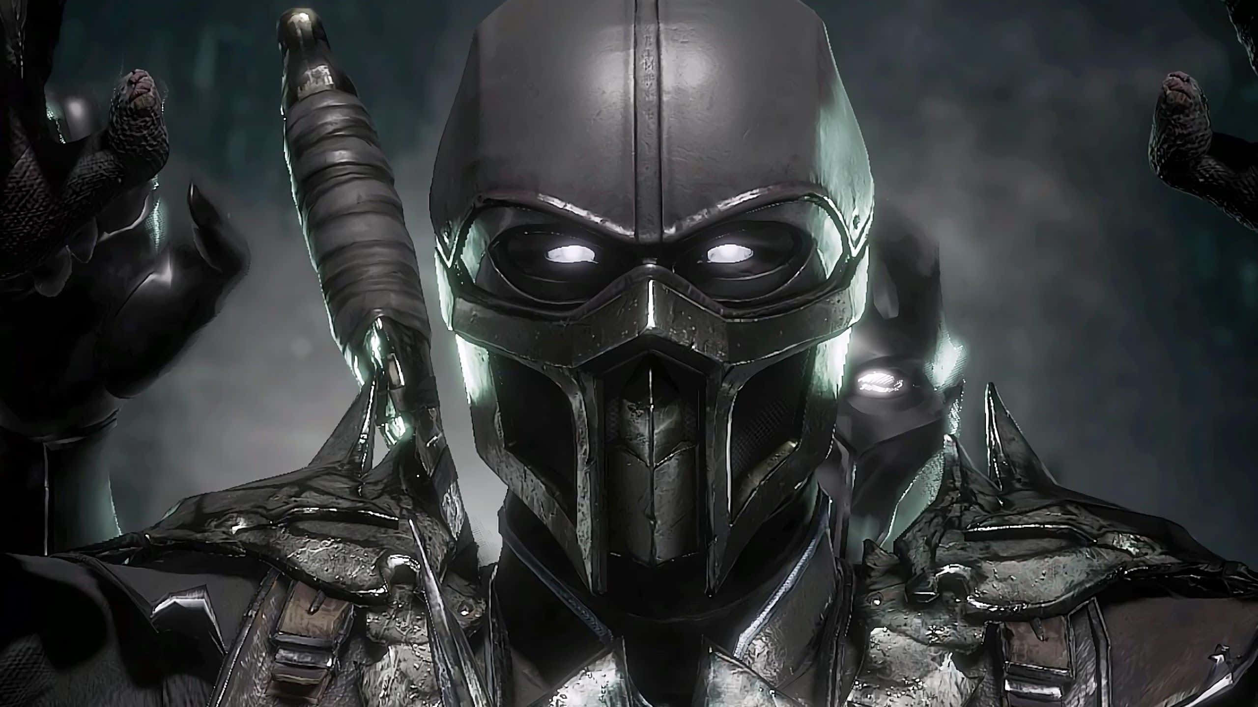 Mortal Kombat Noob Saibot 桌布 壁紙 — 一個帶有發光眼睛和劍的威脅性裝甲戰士站在煙霧瀰漫的黑暗環境中。