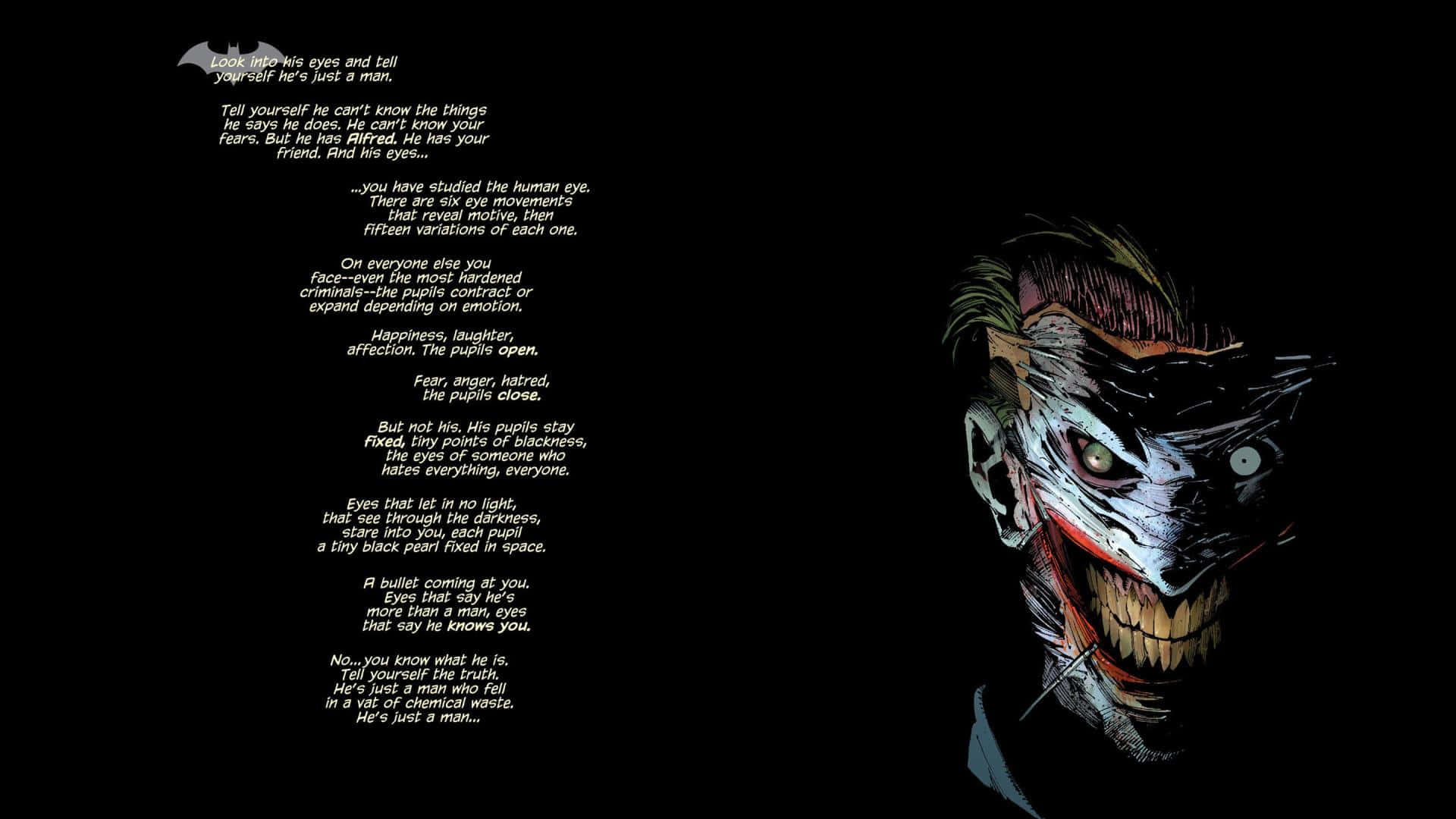 Batman Death In The Family 桌布 壁紙 — 一個帶有發光眼睛和咧嘴笑的可畏漫畫小丑，黑色背景配白色文字。