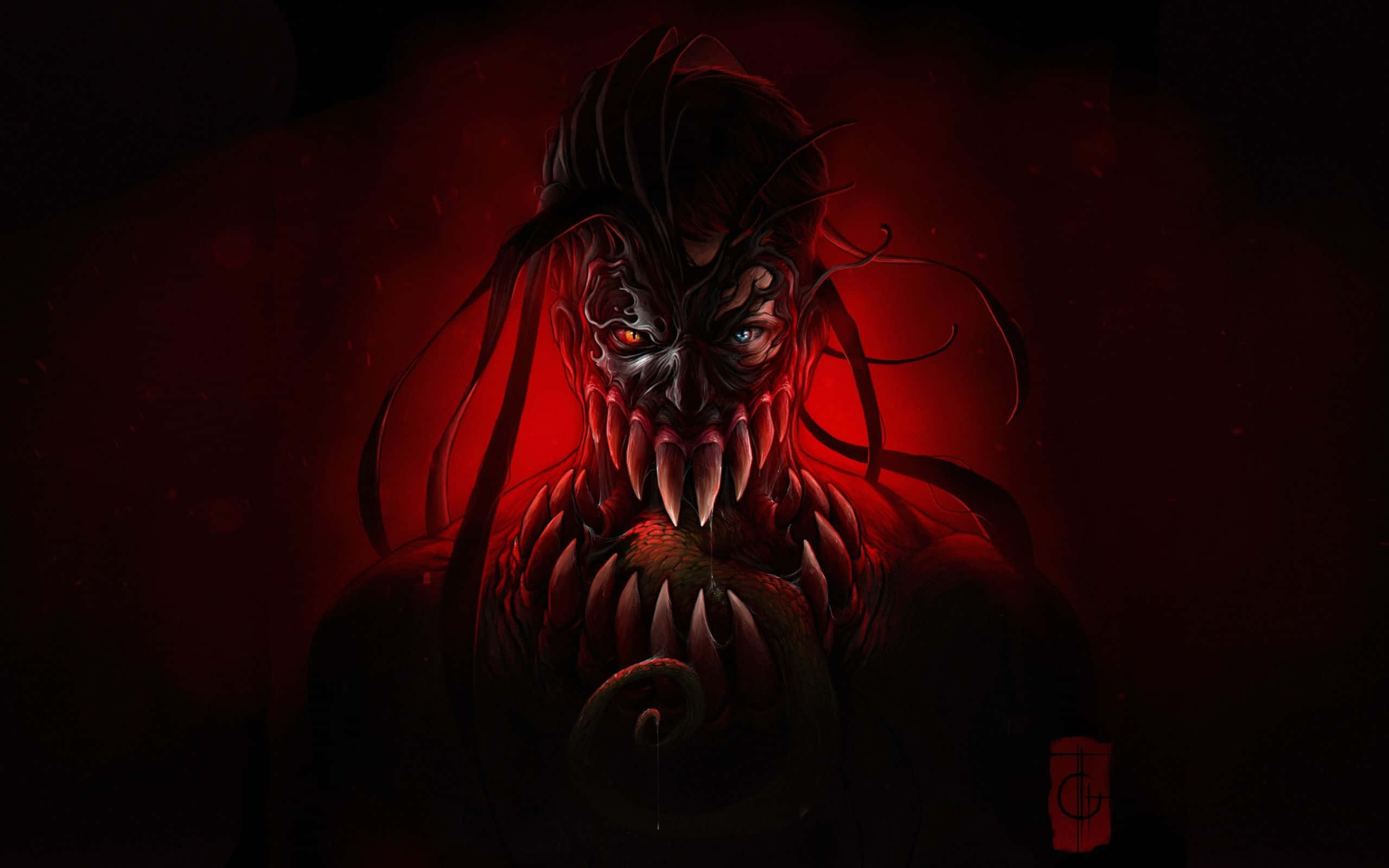 Unsettling 桌布 壁紙 — 一個帶有發光眼睛和尖銳牙齒的威脅性惡魔形象，在強烈的紅色燈光下從黑暗中浮現。