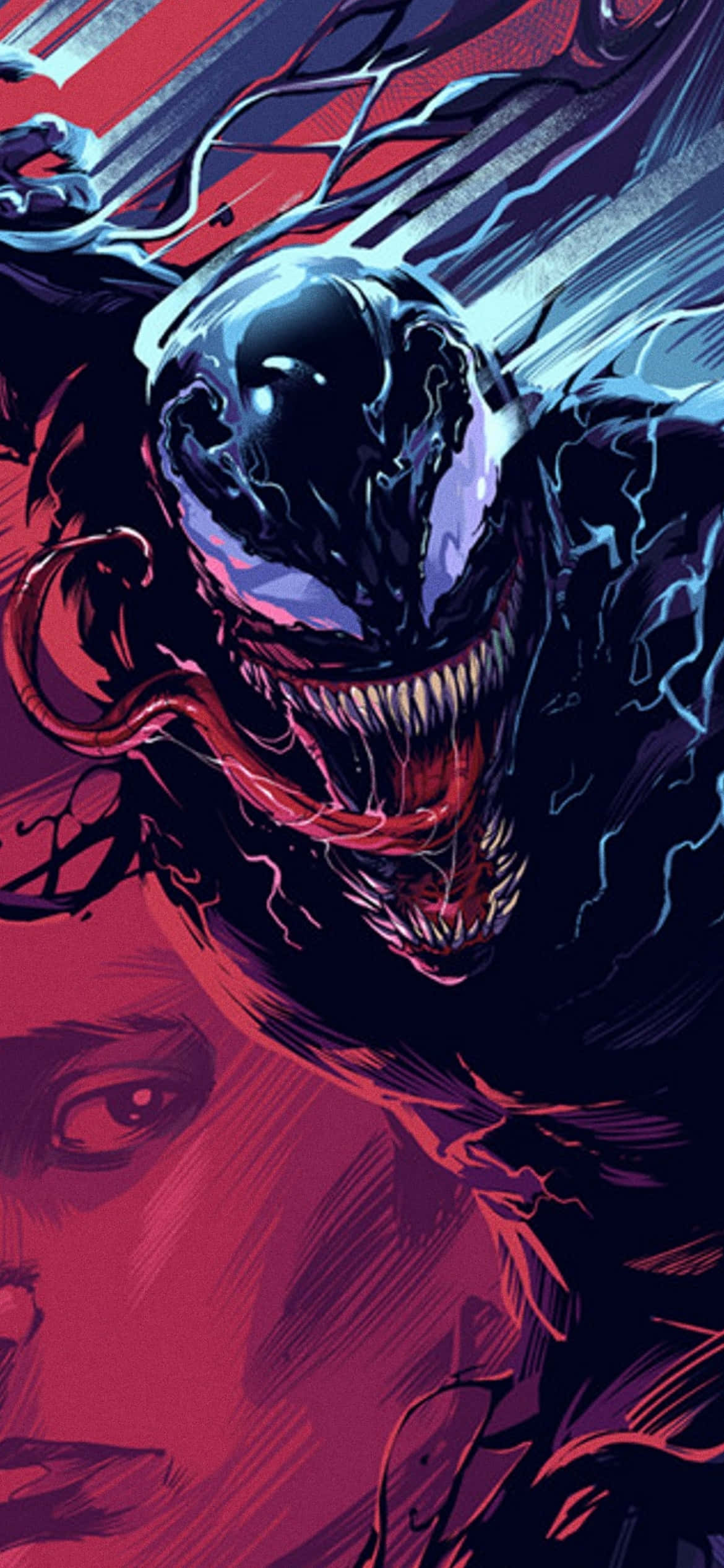 Symbiote 桌布 壁紙 — 一個帶有發光眼睛和尖銳牙齒的威脅性毒魔，以黑暗漫畫風格籠罩著一張恐懼的人臉。