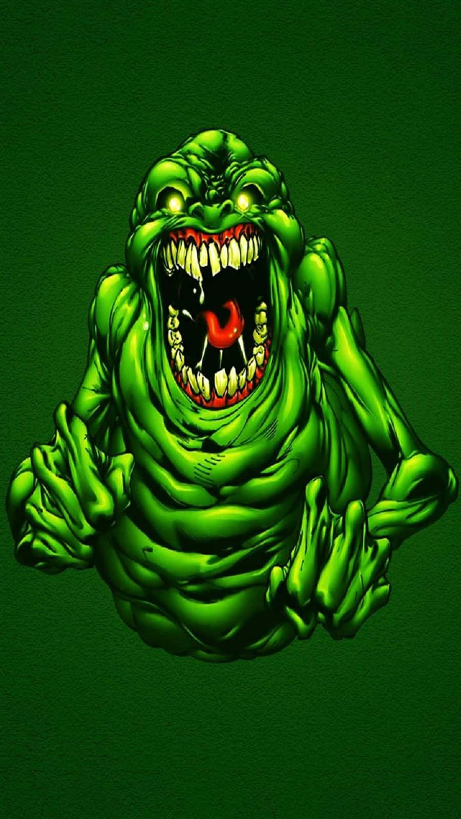 Ghostbusters 桌布 壁紙 — 一個帶有發光眼睛和尖銳牙齒的威脅性綠色鬼魂在深綠色背景上咆哮。