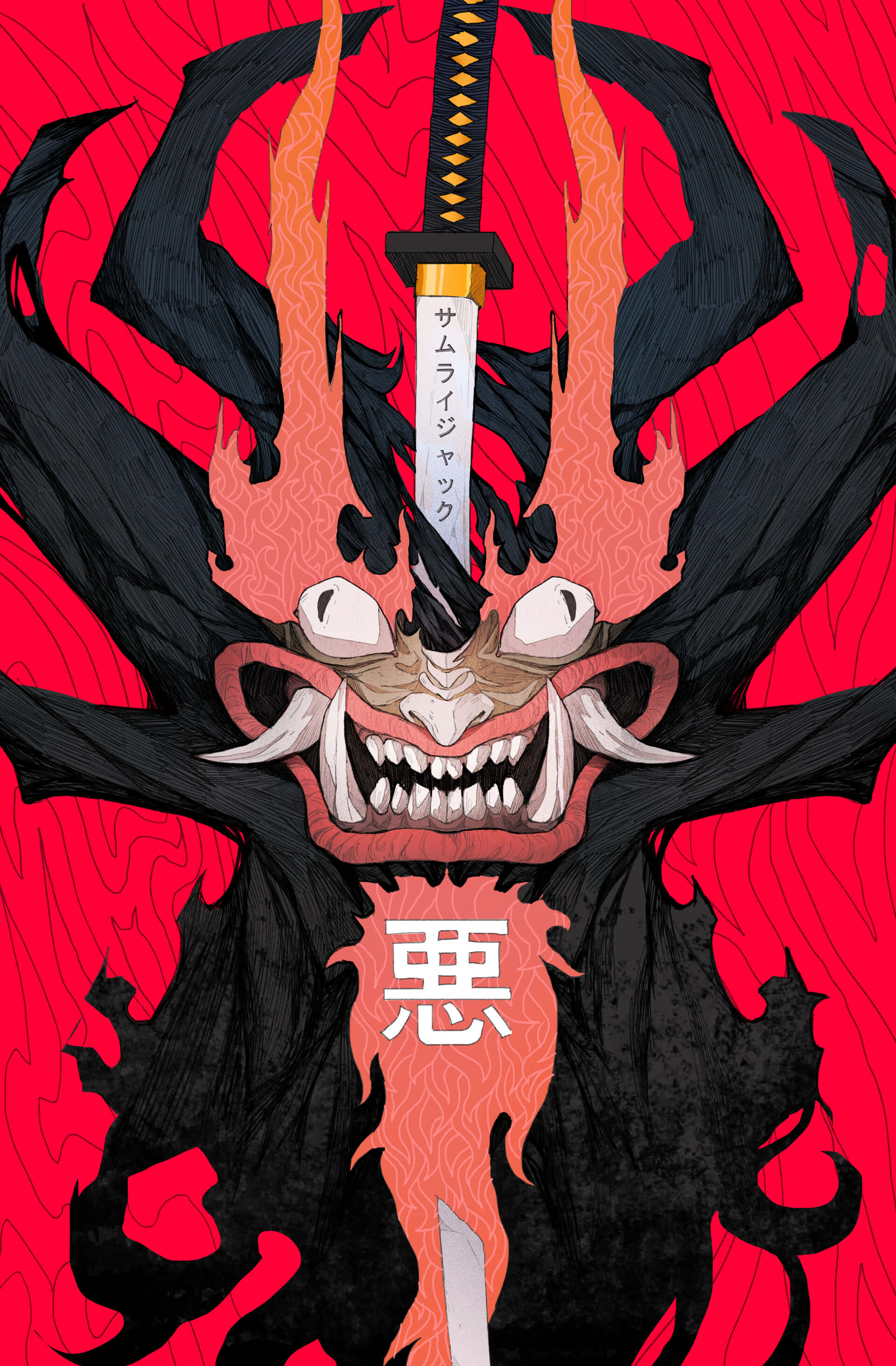 samurai jack 桌布 壁紙 — 一個帶有發光眼睛和尖銳牙齒的威脅性鬼怪，手持一把刀穿過額頭，背景是火紅色的。
