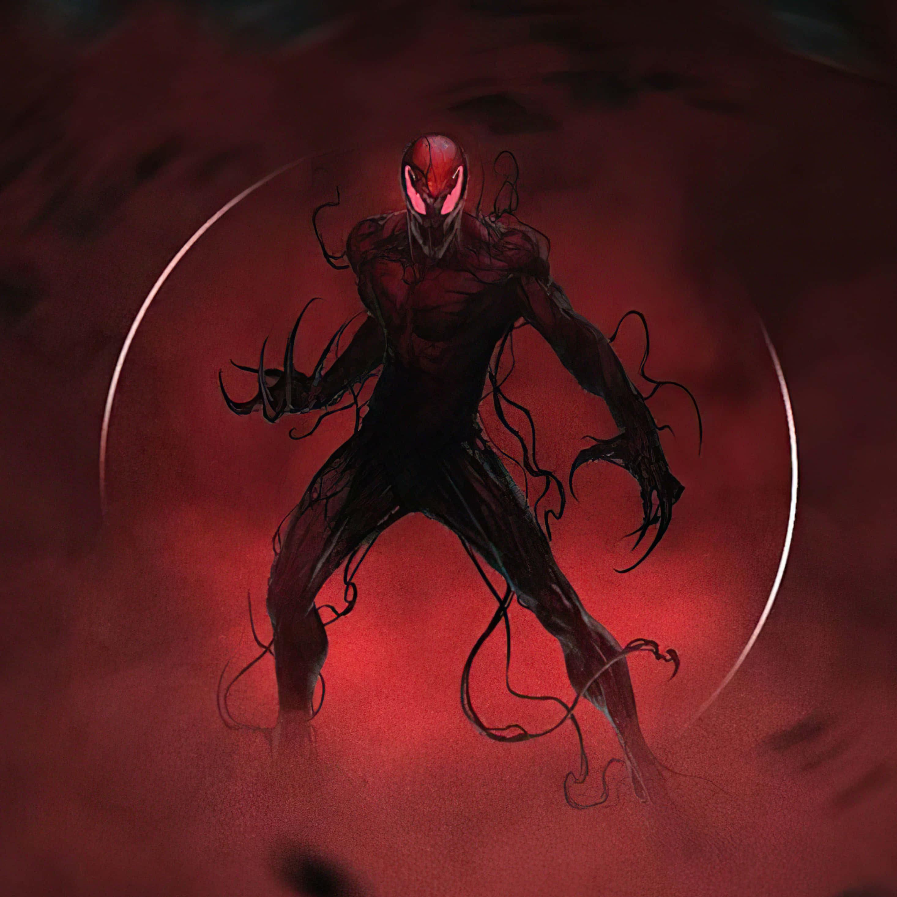 Symbiote 桌布 壁紙 — 一個帶有發光眼睛和扭動觸手的威脅性紅色共生生物，站在深紅色的圓形光芒中。
