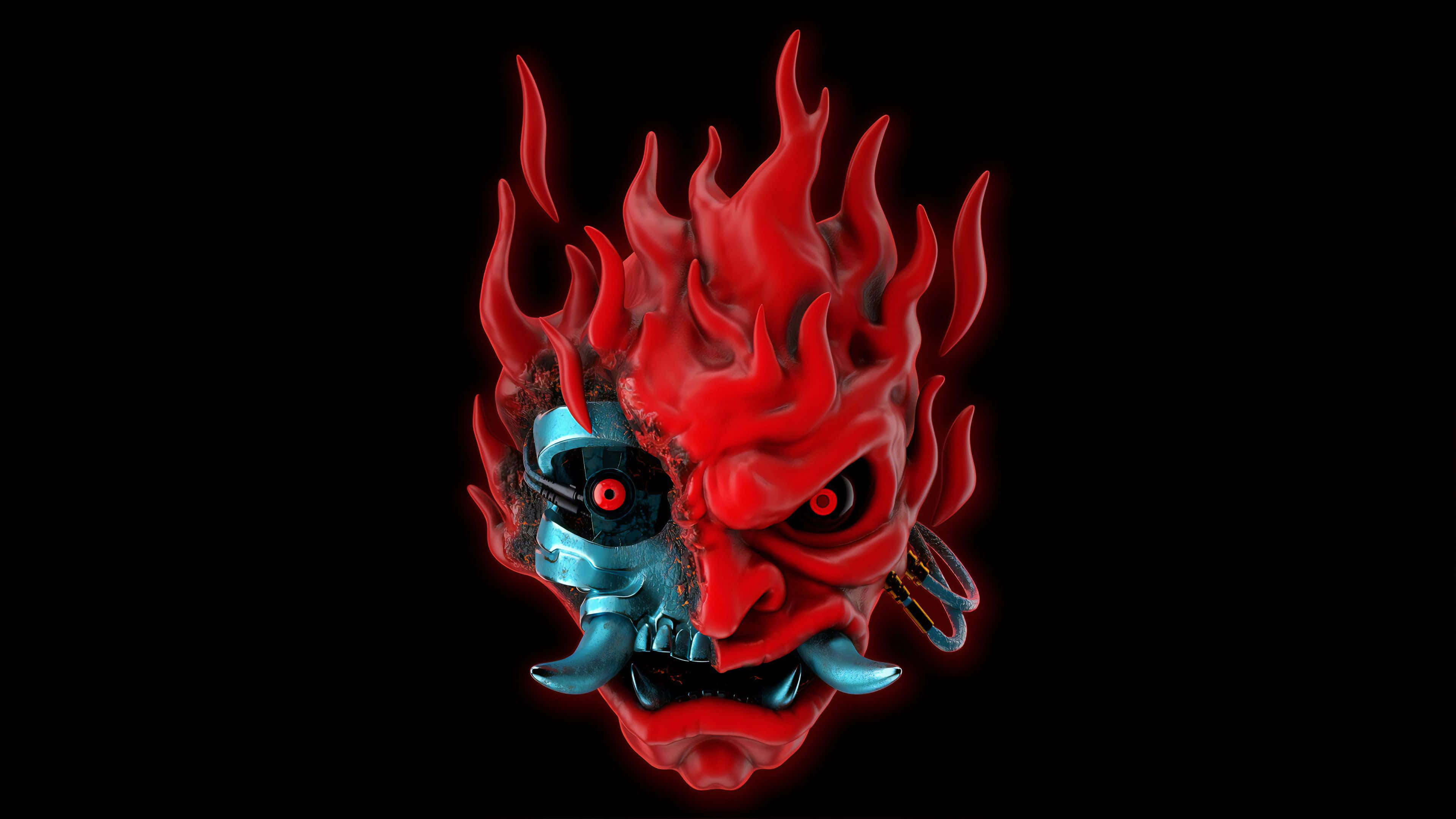 Dark Gaming 桌布 壁紙 — 一個帶有發光眼睛和火焰尖刺的威脅性紅藍惡魔面具，背景為黑色。