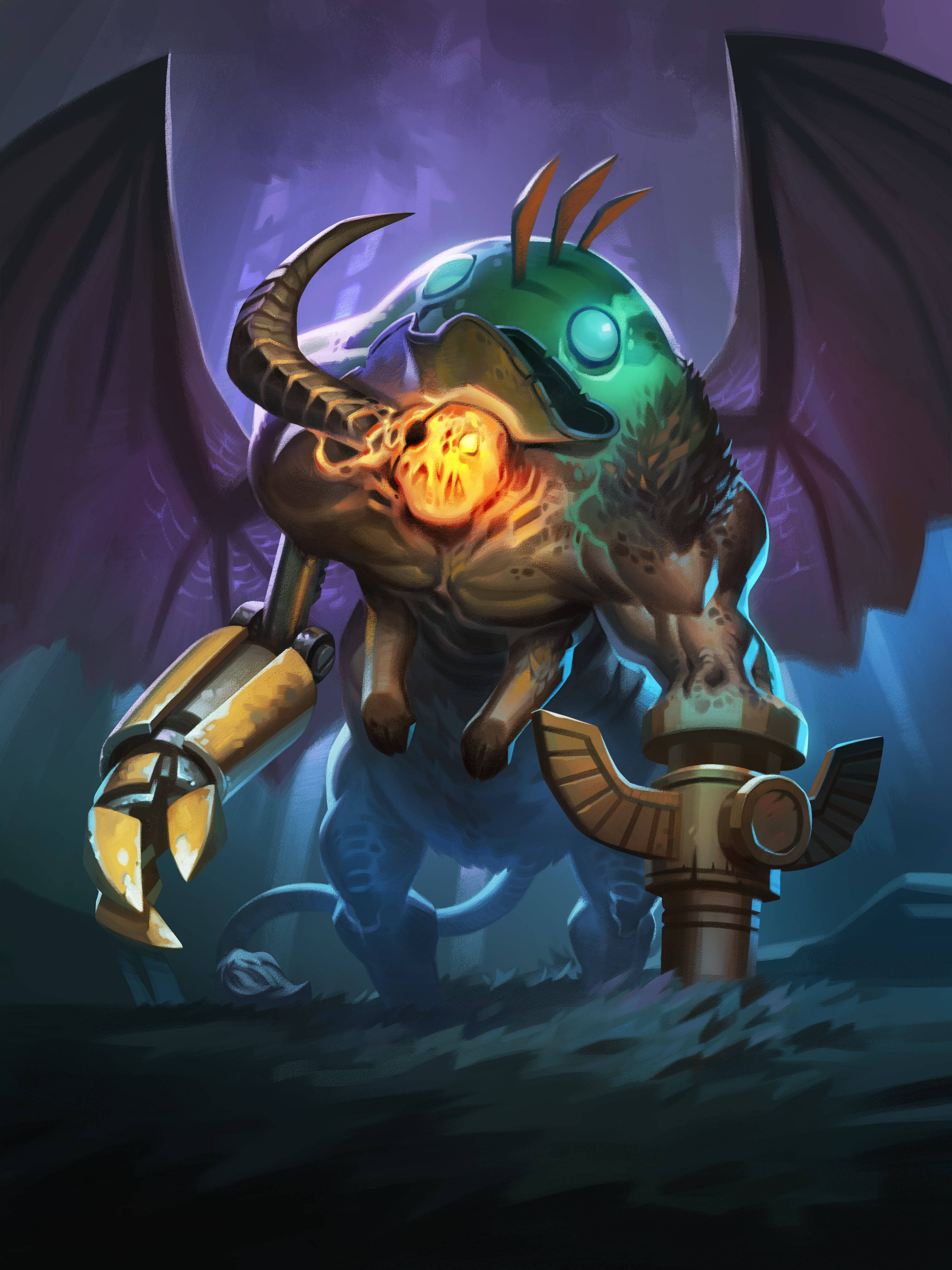 hearthstone phone 桌布 壁紙 — 一個帶有發光眼睛和火焰骷髏胸部的綠色皮膚惡魔，站在陰影紫色翅膀中。