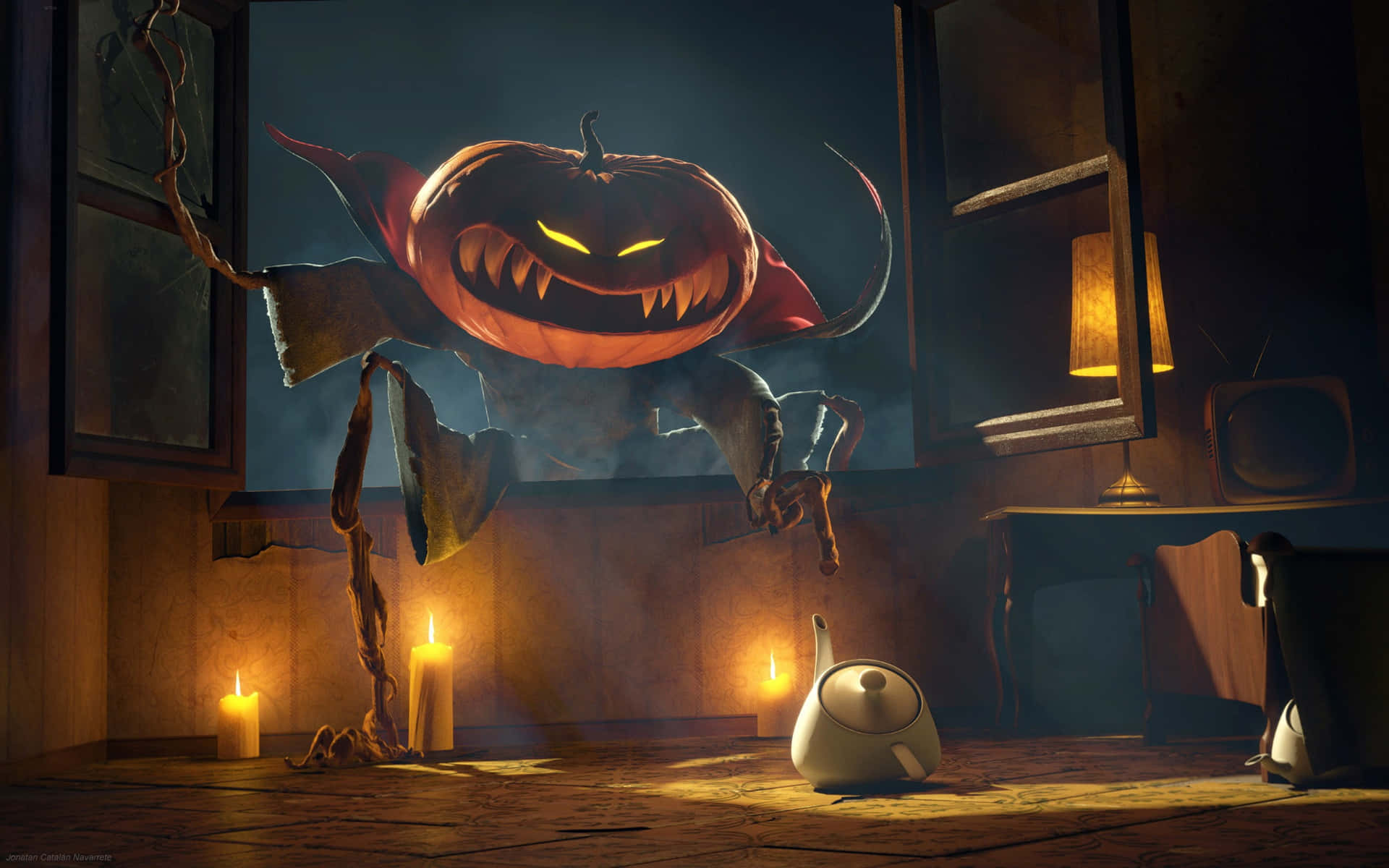 3d Halloween 桌布 壁紙 — 一個帶有發光眼睛和破爛斗篷的可怕傑克南瓜燈怪物，聳立在一個光線昏暗、有蠟燭和茶壺的復古房間中。