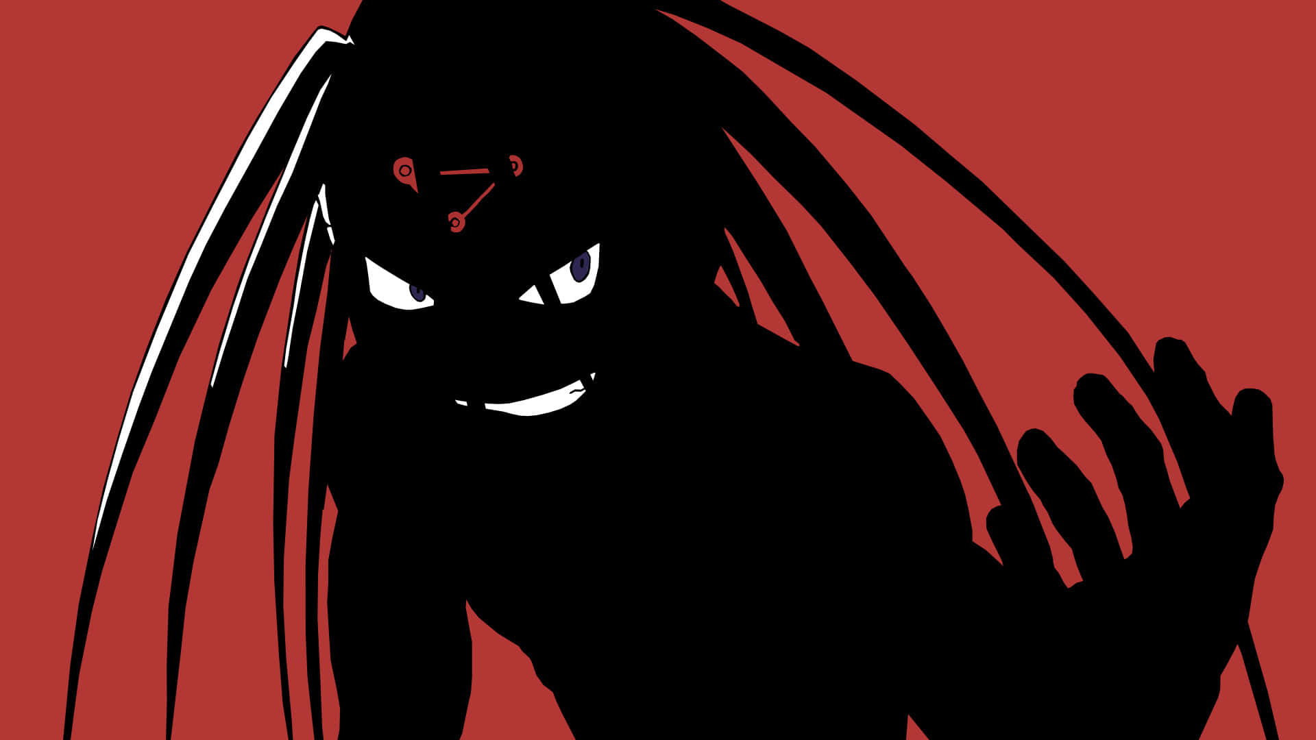 Fullmetal Alchemist Envy 桌布 壁紙 — 一個帶有發光眼睛和紅色標記的威脅性黑色剪影，在純紅色背景上若隱若現。