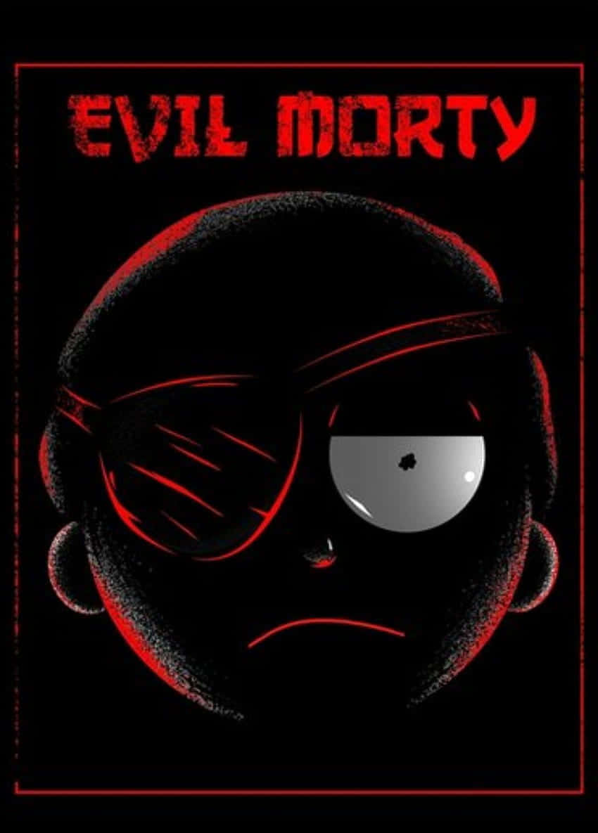 Evil Morty 桌布 壁紙 — 一個帶有發光眼睛和紅色輪廓的威脅性卡通角色，背景為黑色，並帶有「EVIL MORTY」文字。