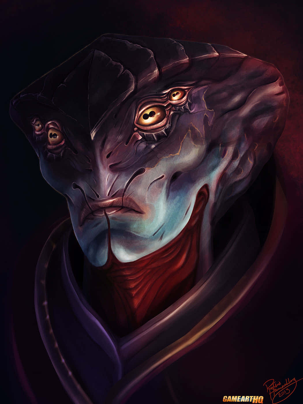 Mass Effect Javik 桌布 壁紙 — 一個帶有發光眼睛和紋理皮膚的威脅性外星人，在深紅色的背景下強烈凝視。