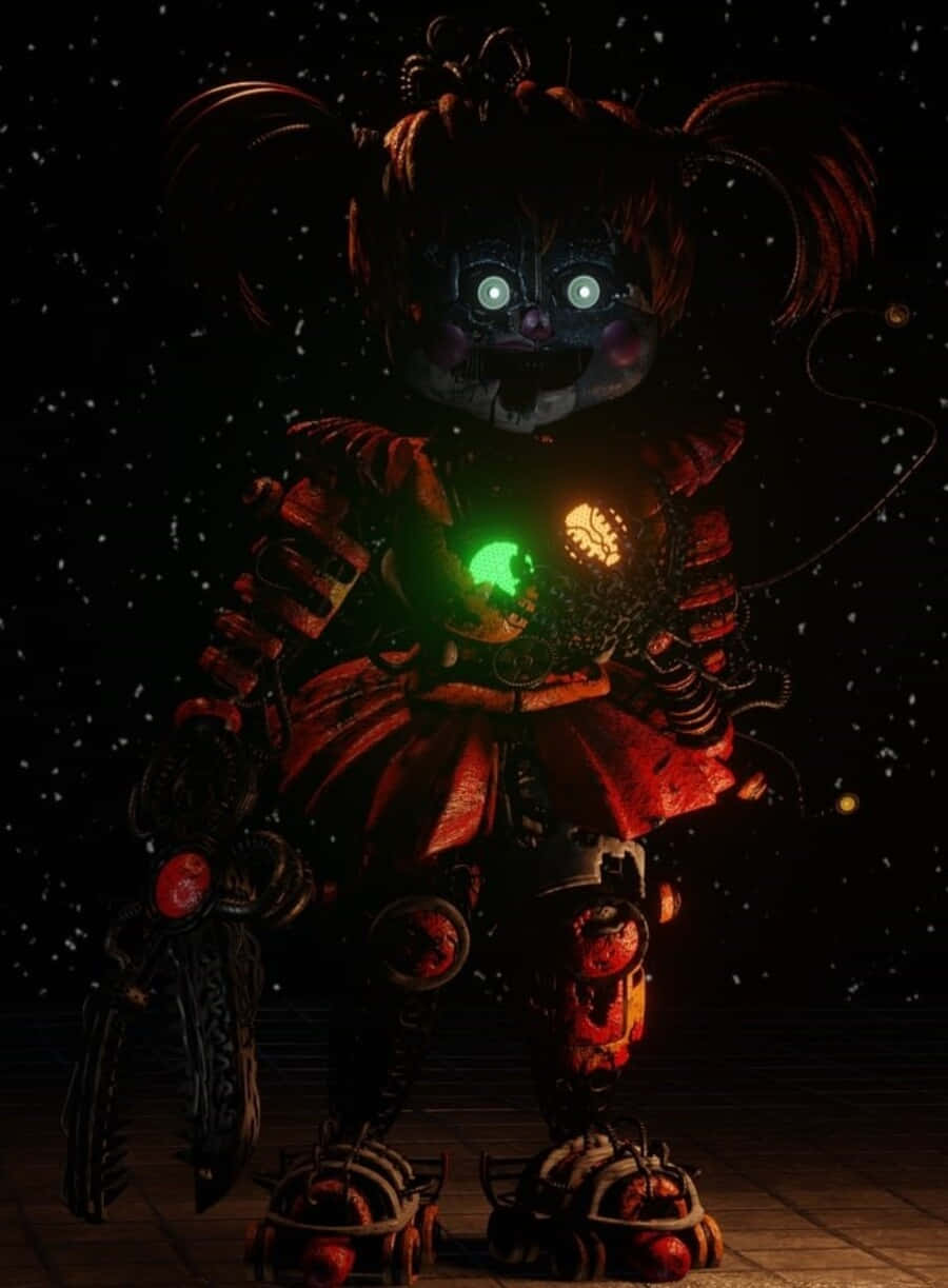 Scrap Baby 桌布 壁紙 — 一個帶有發光眼睛和綠色核心的恐怖電子動畫玩偶，站在一個黑暗的星空房間裡。