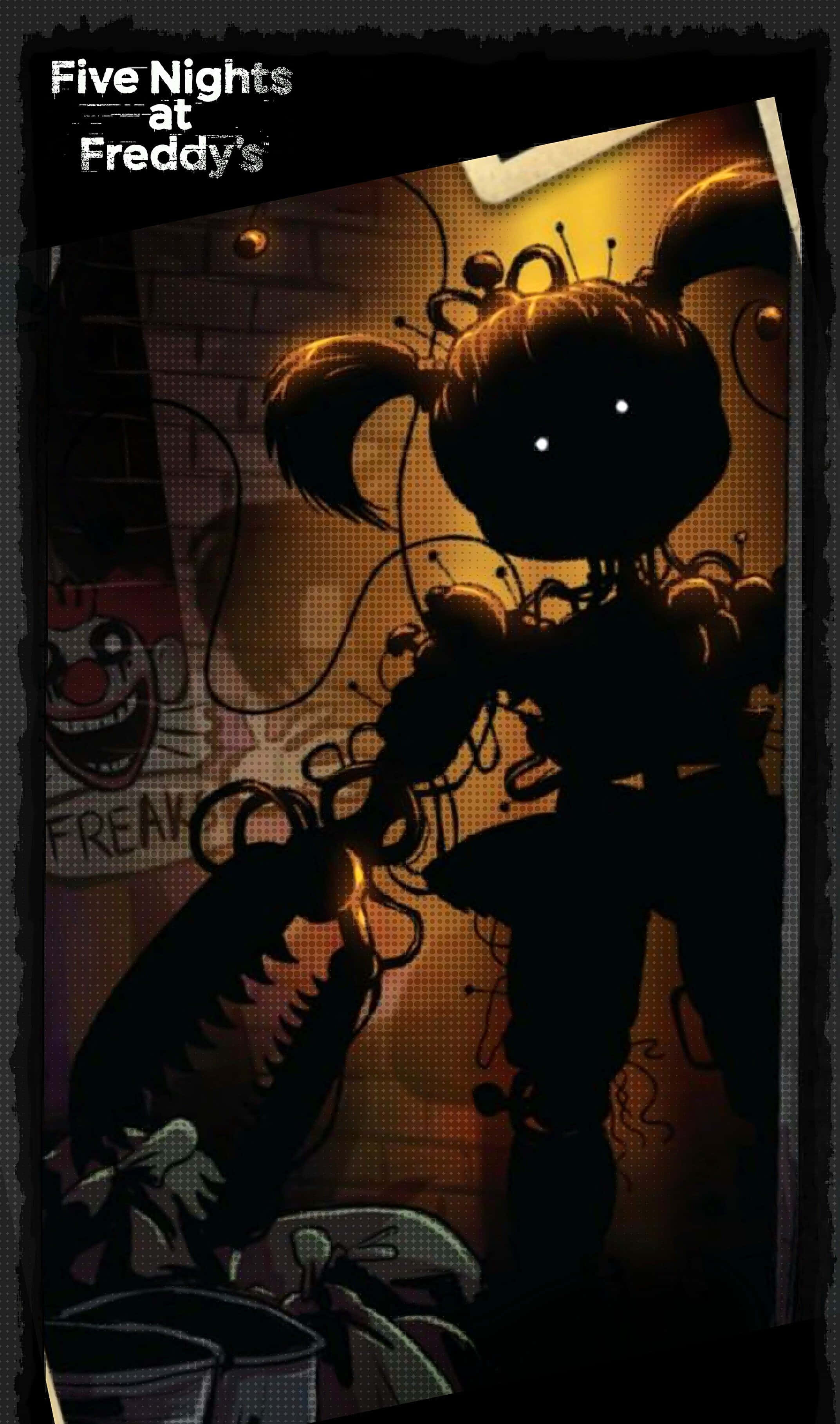 Scrap Baby 桌布 壁紙 — 一個帶有發光眼睛和纏繞電線的威脅性電子動畫在昏暗的遊戲機室中若隱若現。