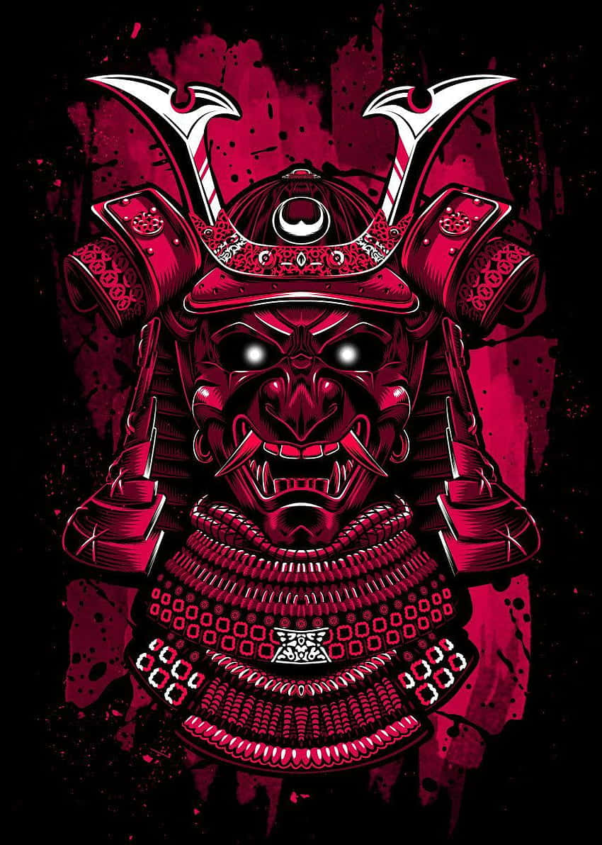 Samurai Helmet 桌布 壁紙 — 一個帶有發光眼睛和複雜紅色盔甲的威懾性武士頭盔，背景是濺灑的深色。