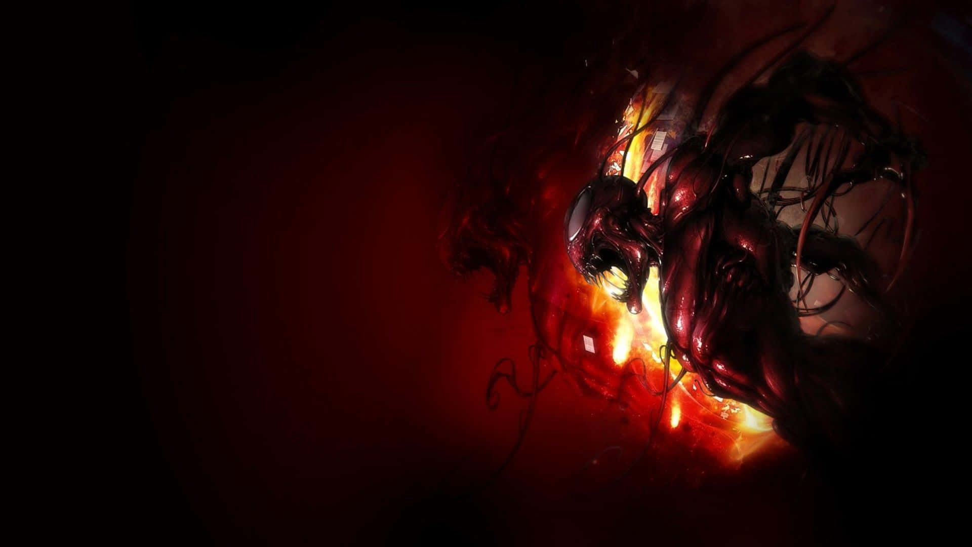 Maximum Carnage 桌布 壁紙 — 一個帶有發光眼睛和觸手的威脅性紅色共生生物從黑暗中出現，背景是熾熱的。