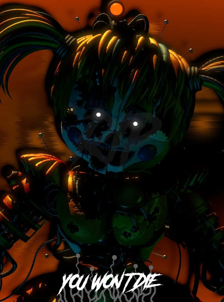 Scrap Baby 桌布 壁紙 — 一個帶有發光眼睛和辮子的威脅性電子動畫女孩，在熾熱的橙色背景上浮現，並帶有文字「你不會死」。