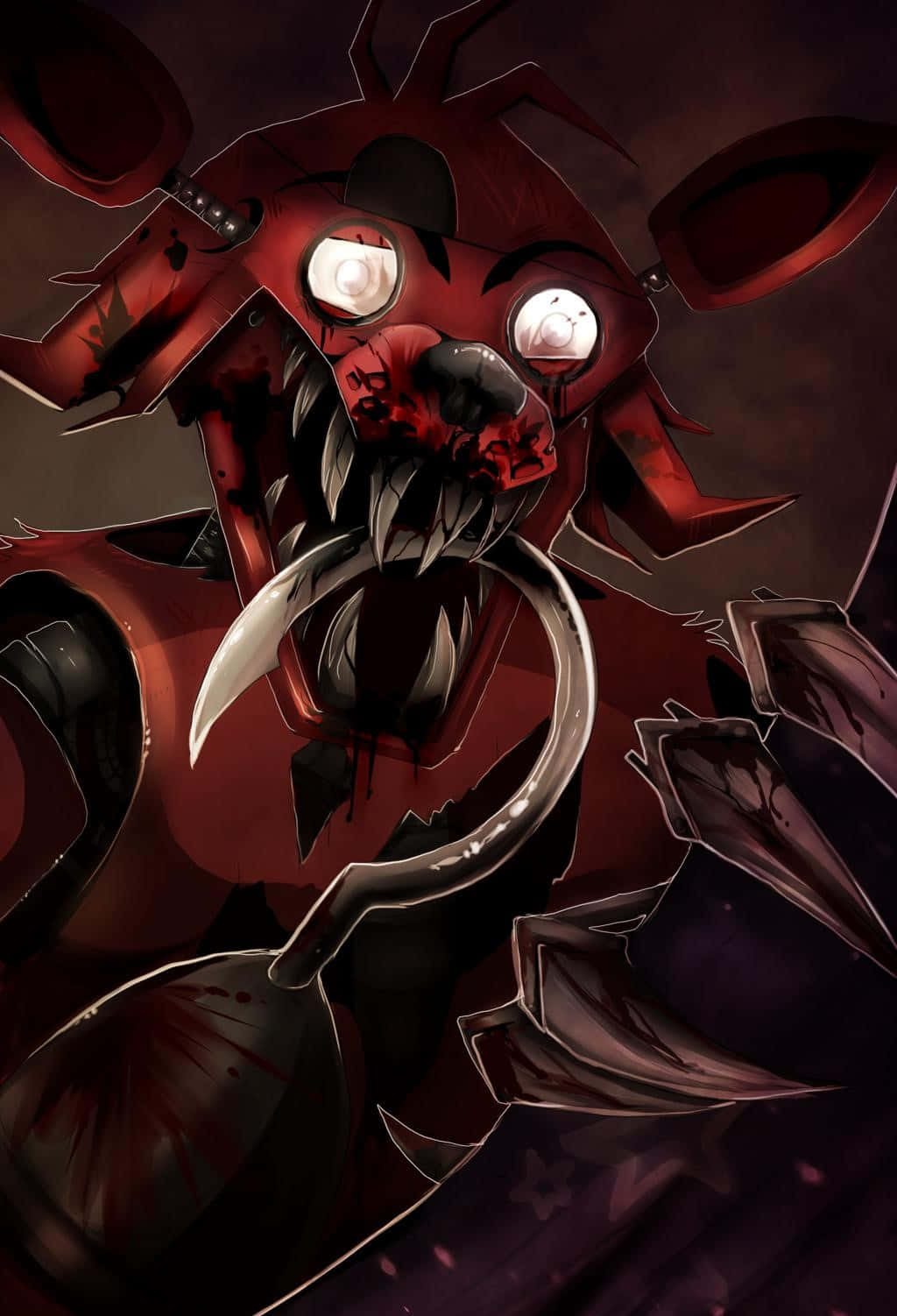 Foxy The Pirate 桌布 壁紙 — 一個帶有發光眼睛和鋒利刀片的紅色恐怖電子動畫在黑暗、血跡斑斑的場景中向前猛衝。
