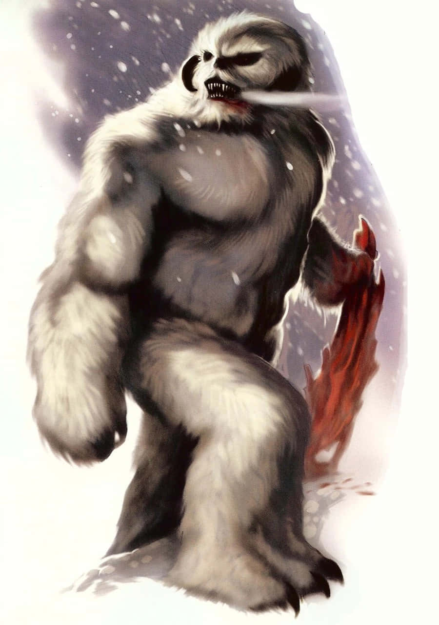 Wampa 桌布 壁紙 — 一個帶有發光眼睛和鋒利牙齒的可怕雪怪，在暴風雪中手持血淋淋的武器咆哮。