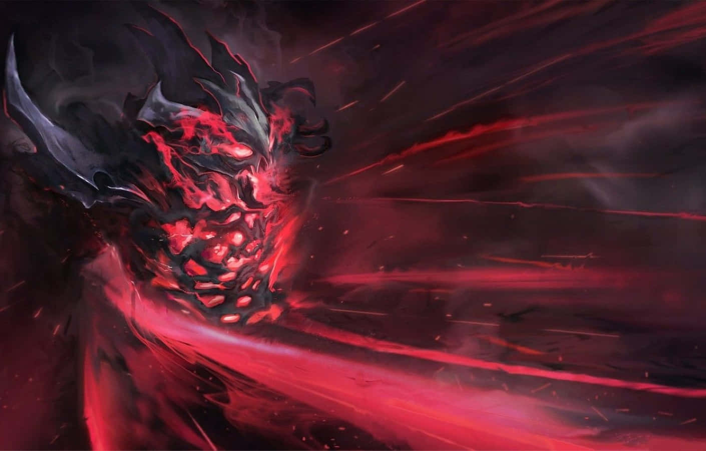 Shadow Fiend 桌布 壁紙 — 一個帶有發光眼睛和鋸齒狀角的威脅性紅黑惡魔實體，衝過深紅能量和黑煙的風暴。
