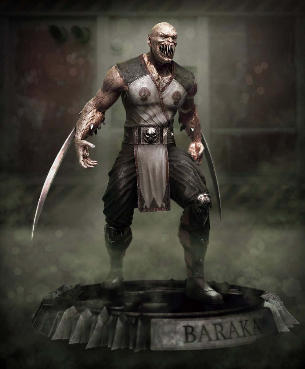 Mortal Kombat Baraka 桌布 壁紙 — 一個帶有發光眼睛和雙刃的威脅性巴拉克雕像，矗立在陰暗、充滿氣氛的霧氣基座上。