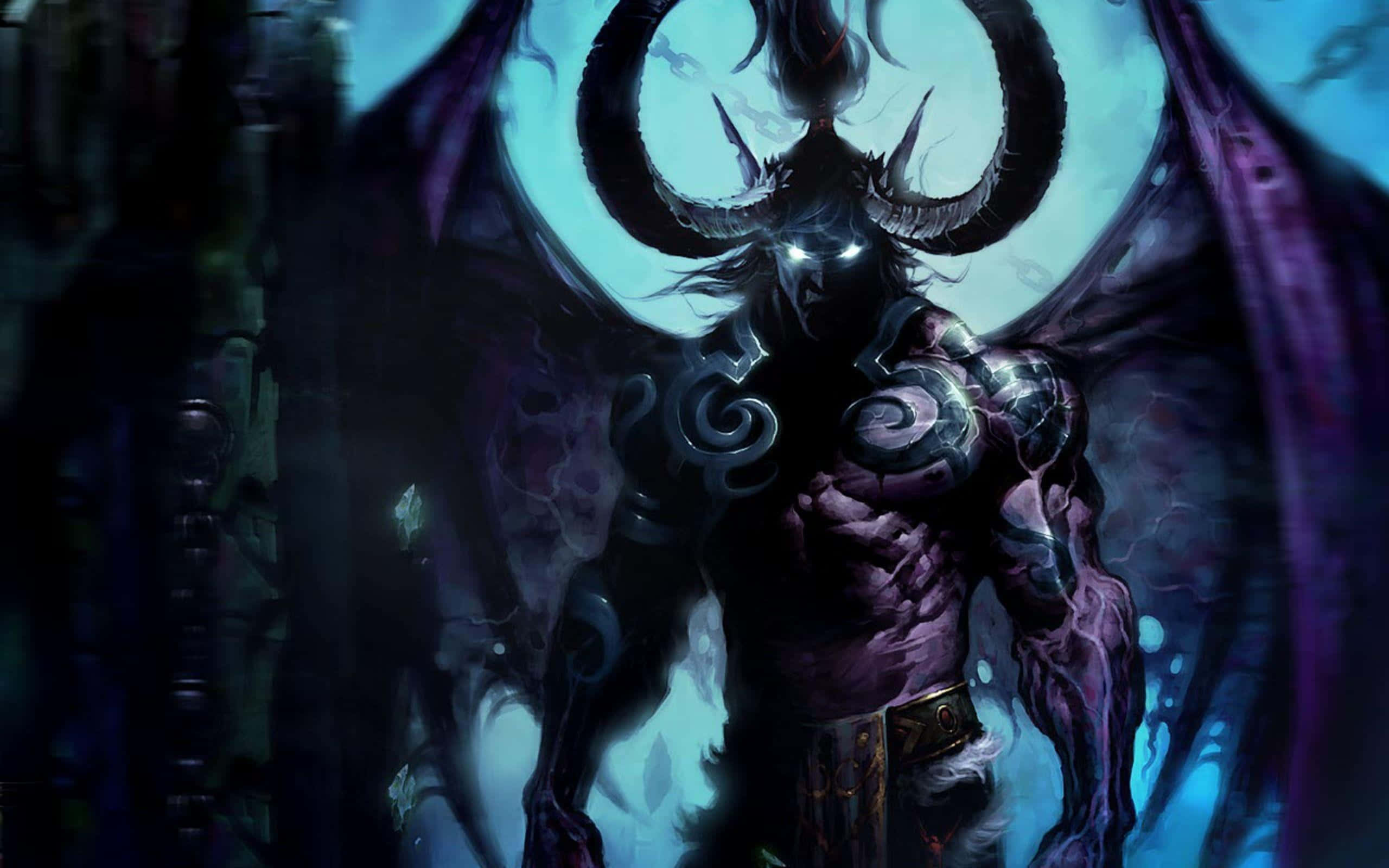 Cool Demon 桌布 壁紙 — 一個帶有發光眼睛和黑色翅膀的威脅性有角惡魔，站在發光的藍色月亮背景下。