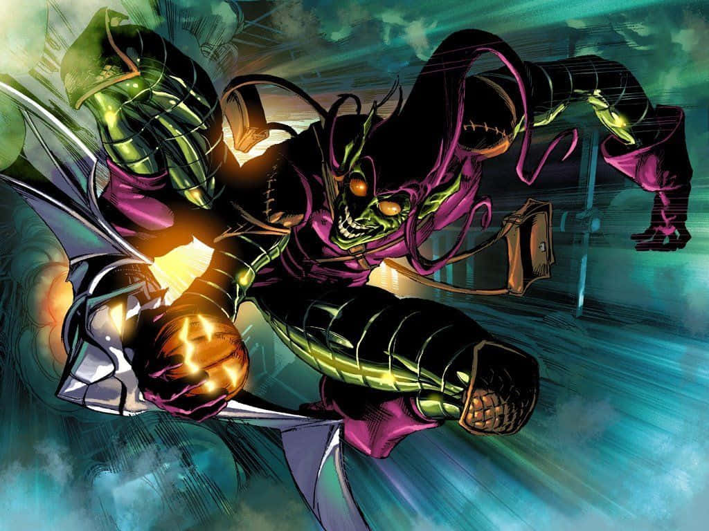 Hobgoblin 桌布 壁紙 — 一個帶有發光眼睛的威脅性綠色和紫色漫畫反派，在模糊的青色背景前以動態動作姿勢向前猛撲。