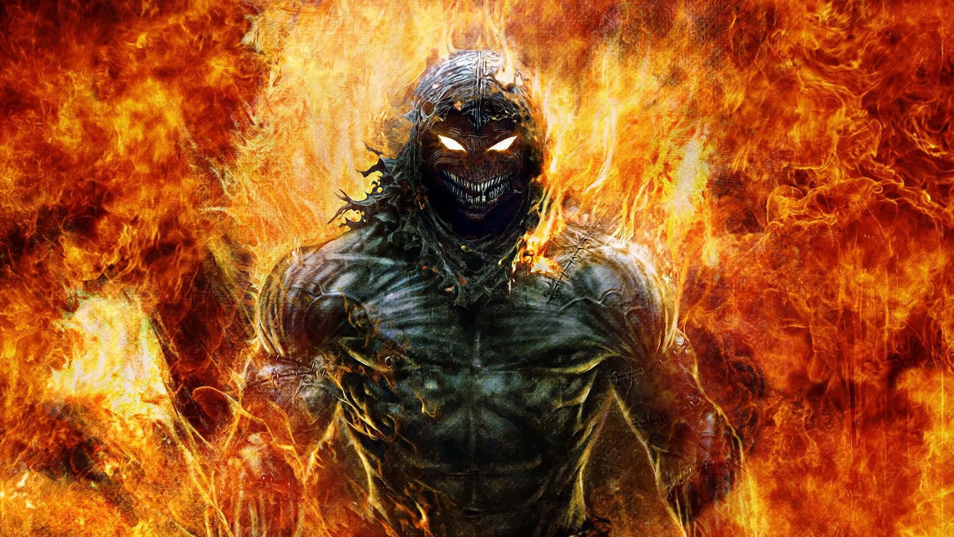 Cool Demon 桌布 壁紙 — 一個帶有發光眼睛的威脅性裝甲巨人從咆哮的橙色火焰中出現，形成一個熾熱的末日場景。