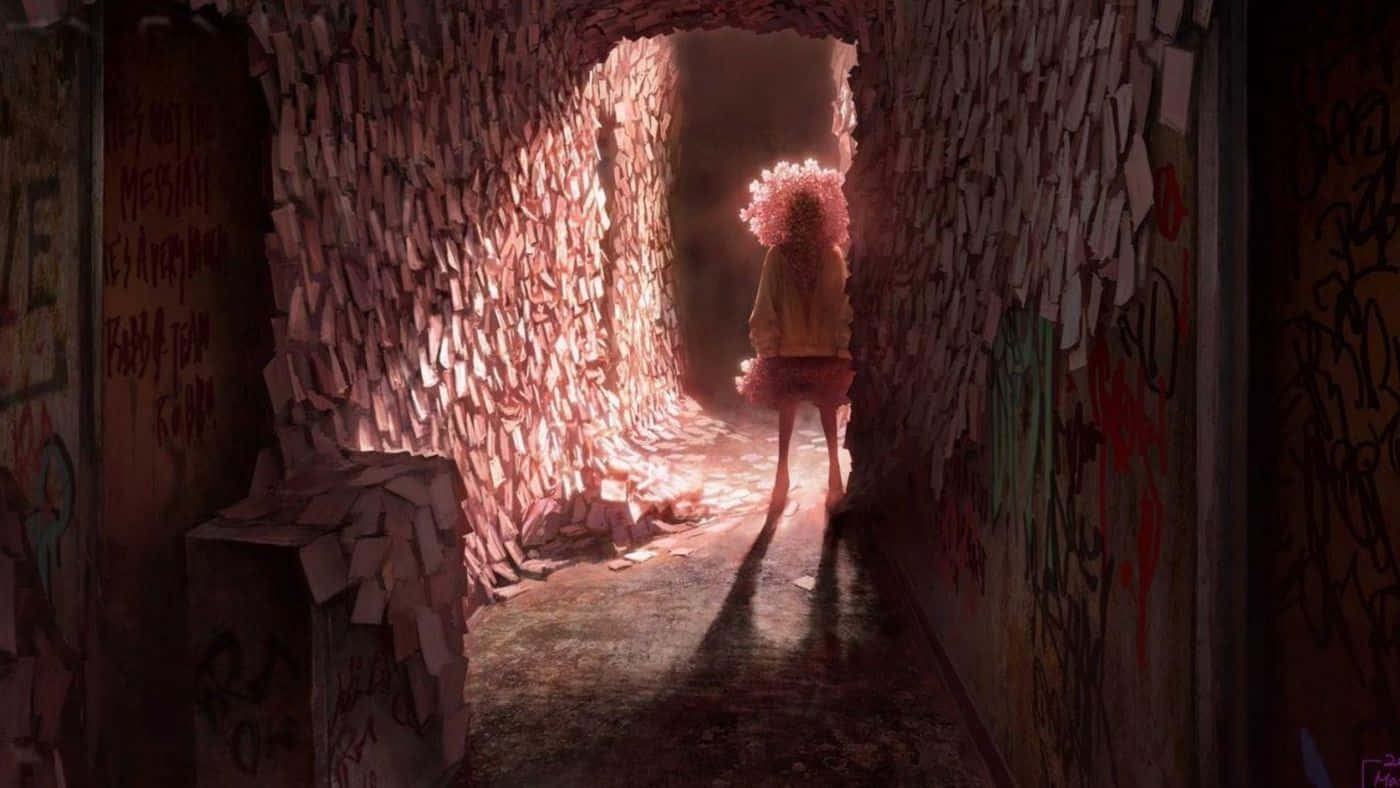 Silent Hill Characters 桌布 壁紙 — 一個帶有發光粉紅色爆炸頭的人物走過一條佈滿塗鴉和皺紙的隧道。