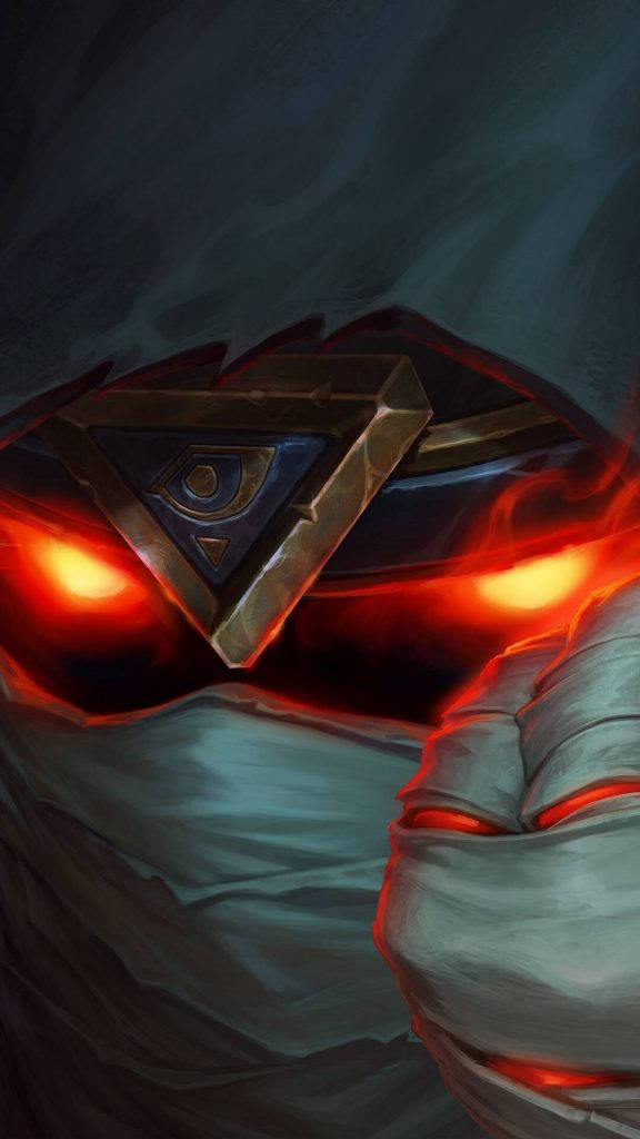 hearthstone phone 桌布 壁紙 — 一個帶有發光紅眼和三角形標誌的威脅性裝甲人物，在暴風雨般的青綠色背景下散發黑暗能量。