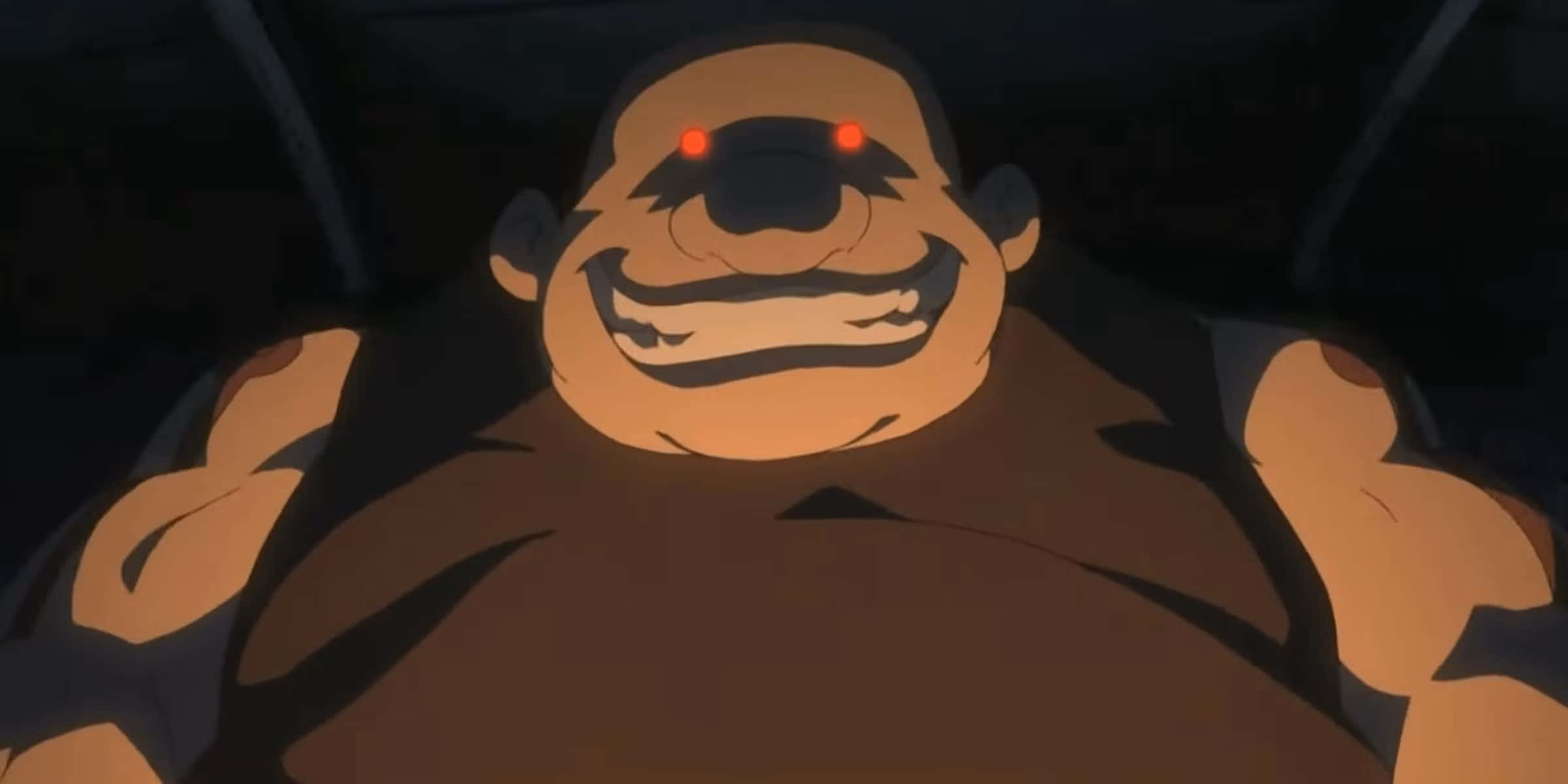 Fullmetal Alchemist Gluttony 桌布 壁紙 — 一個帶有發光紅眼和咧嘴笑的可怖動漫角色潛伏在黑暗中。